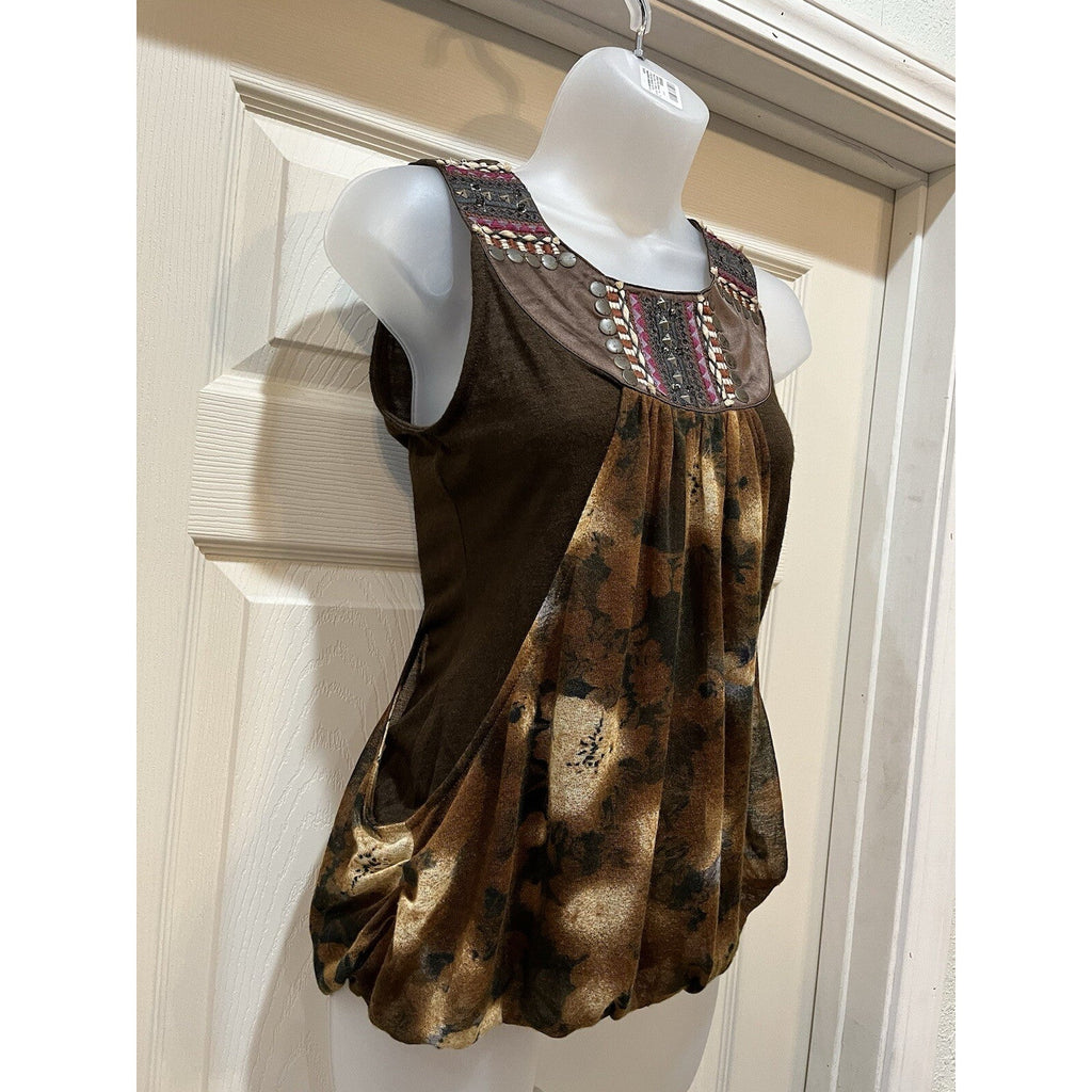 Lulumari Tank Top Womens Small Brown Sequins Front Smocking Waist Satin Blouse