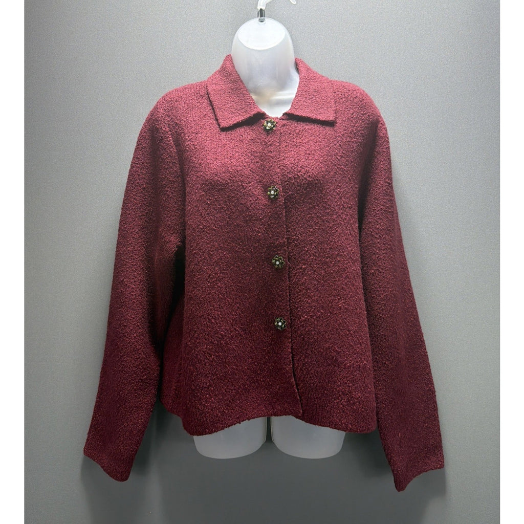 J. Jill Womens Large Cranberry Boucle Floral Snap Cardigan Sweater New