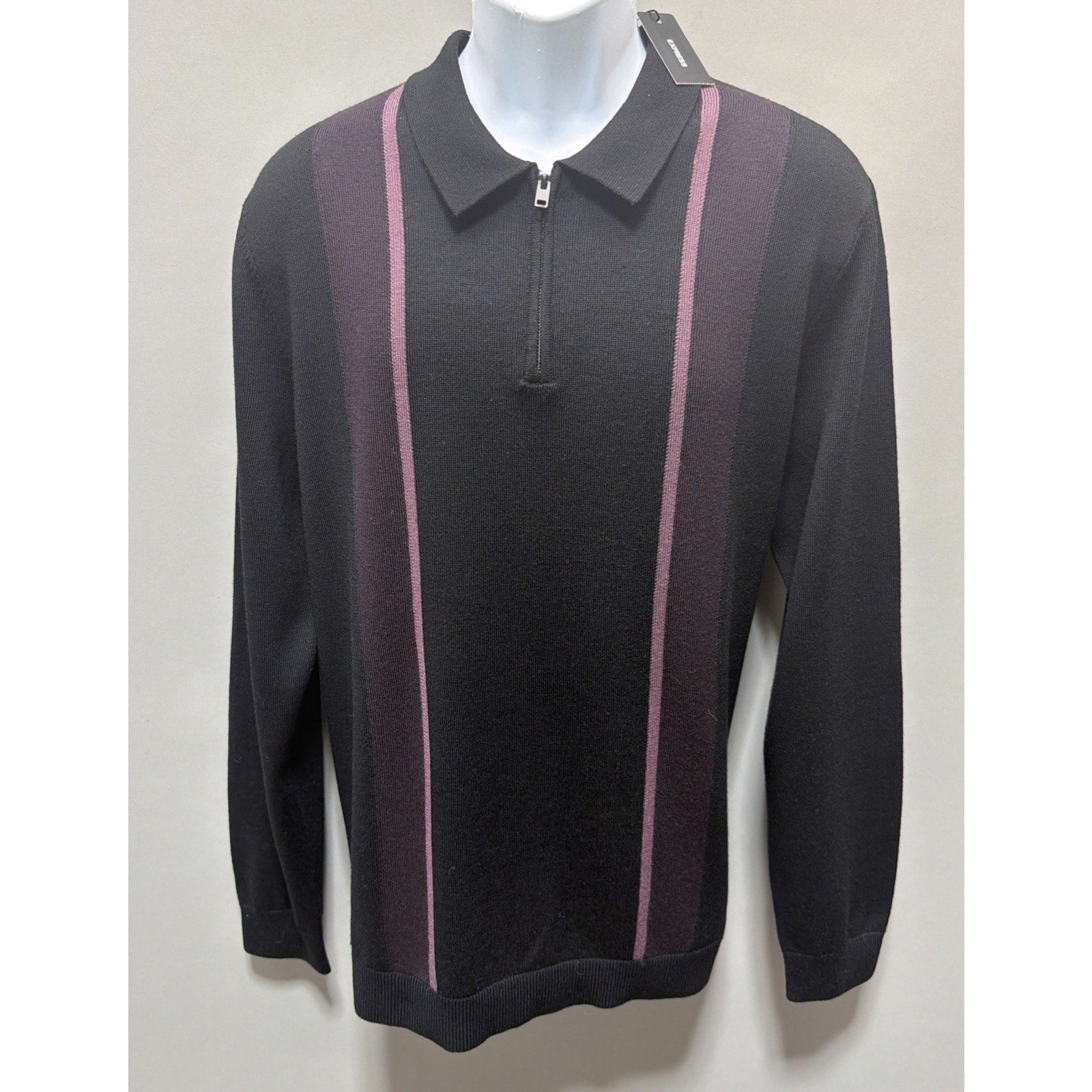 Express Sweater Mens Large Black 100% Merino Wool Long Sleeve Polo Knit New
