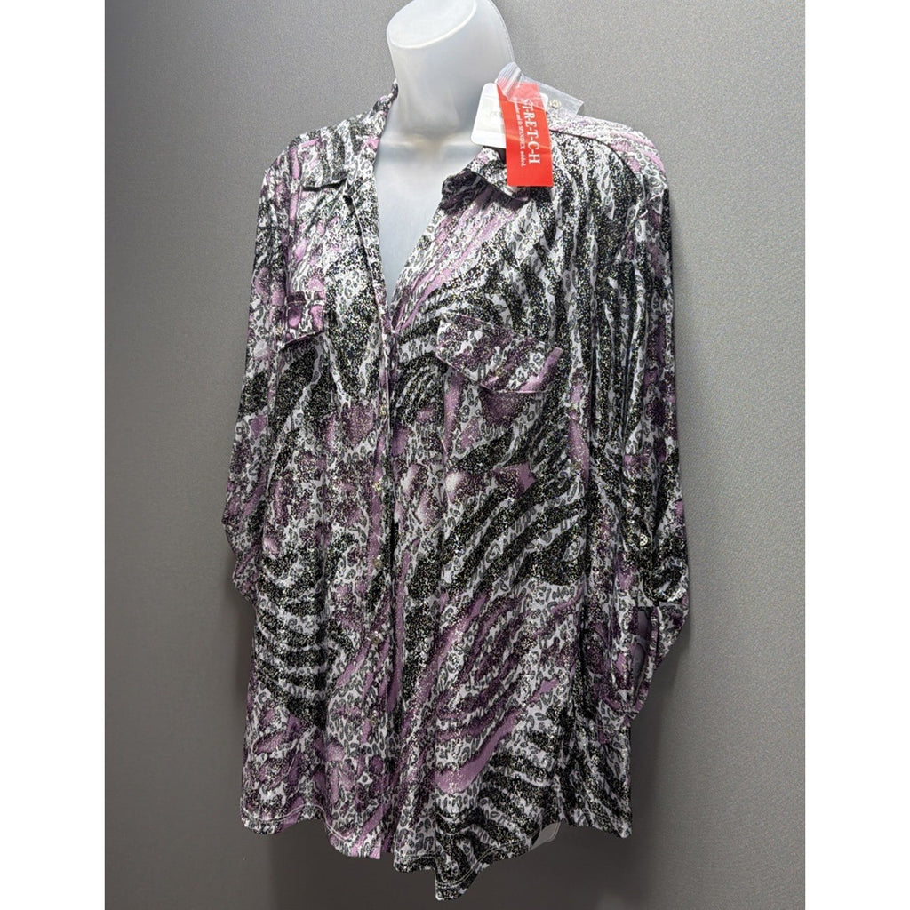 NWT Emily Daniels Beautiful Purple Black Silver Metallic Blouse- Size XL