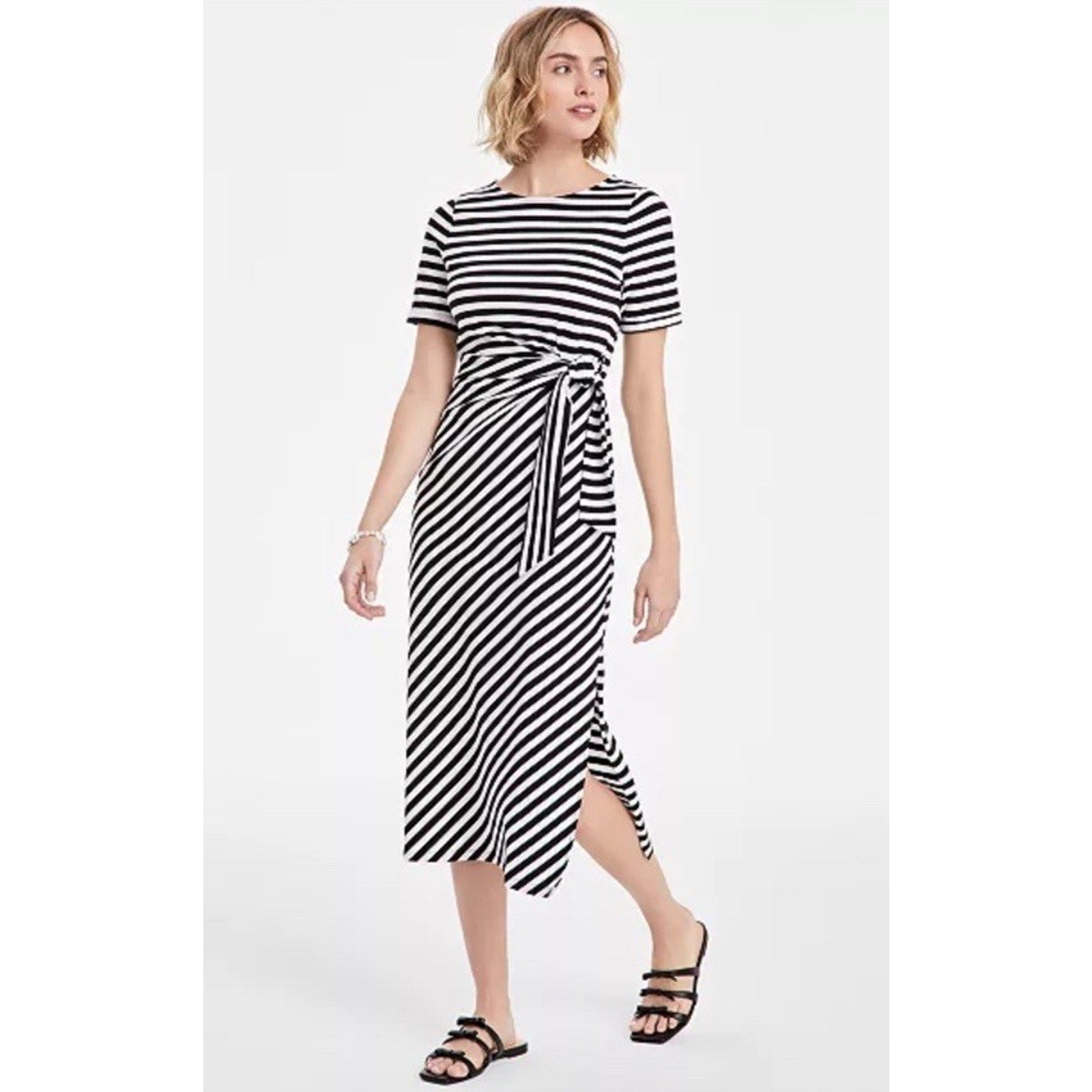 On 34th WM Black White Stripe Short Sleeve Tie Waist Midi Dress Small New