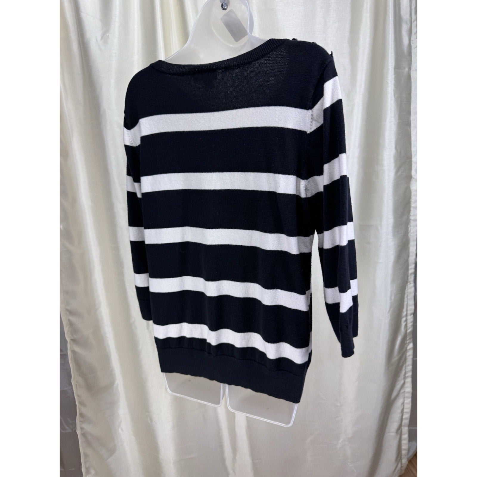 Ann Tayler Loft Women's Sweater, Black and White Striped, Size XL Button Accent