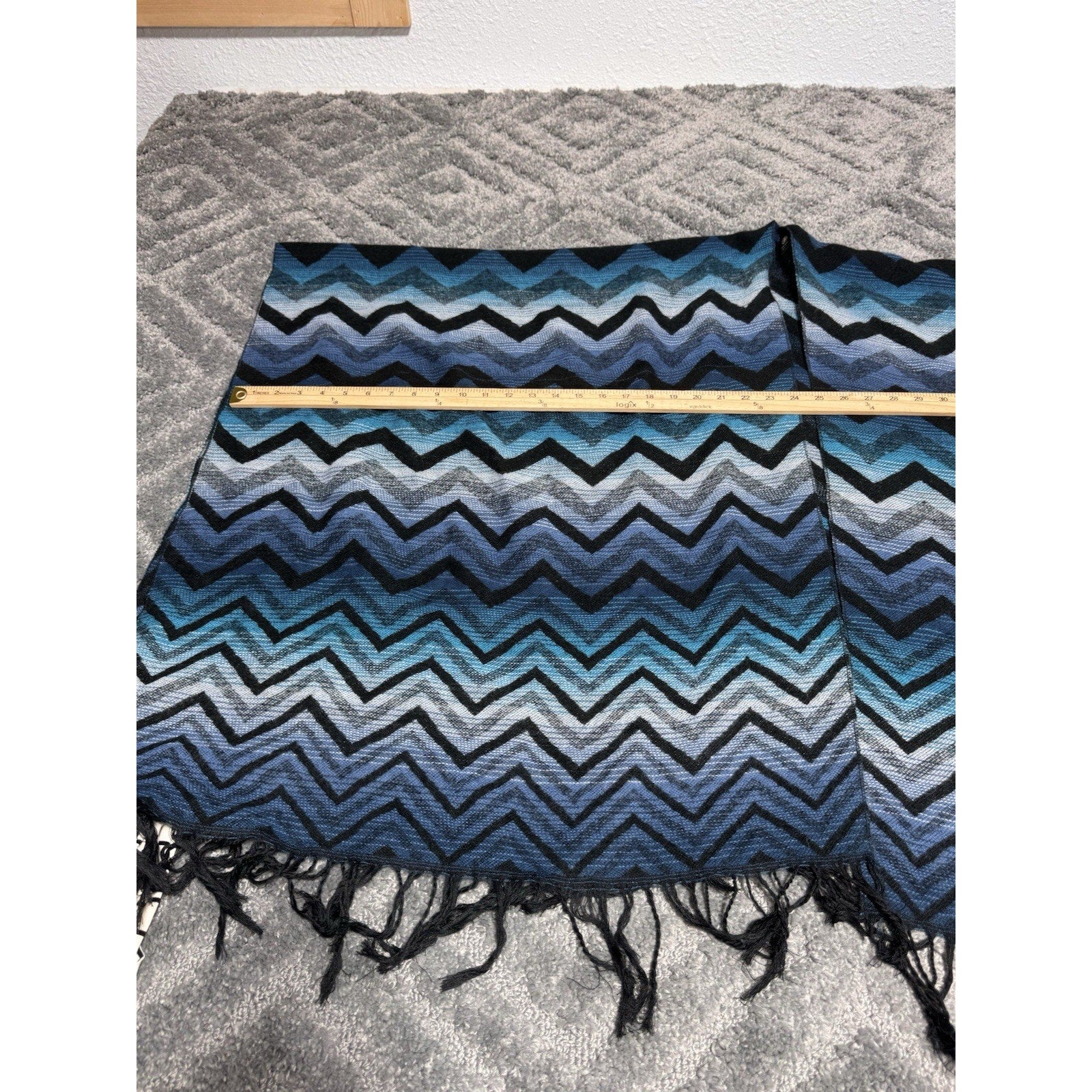 V Poncho Shawl Blue, black, White Chevron (zig-zag) Pattern One Size Fringe