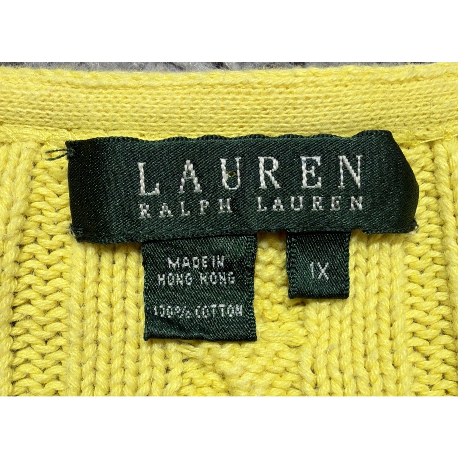 Vtg 90s Lauren Ralph Lauren Women's Lemon Yellow V-Neck Cable Knit Sweater 1X