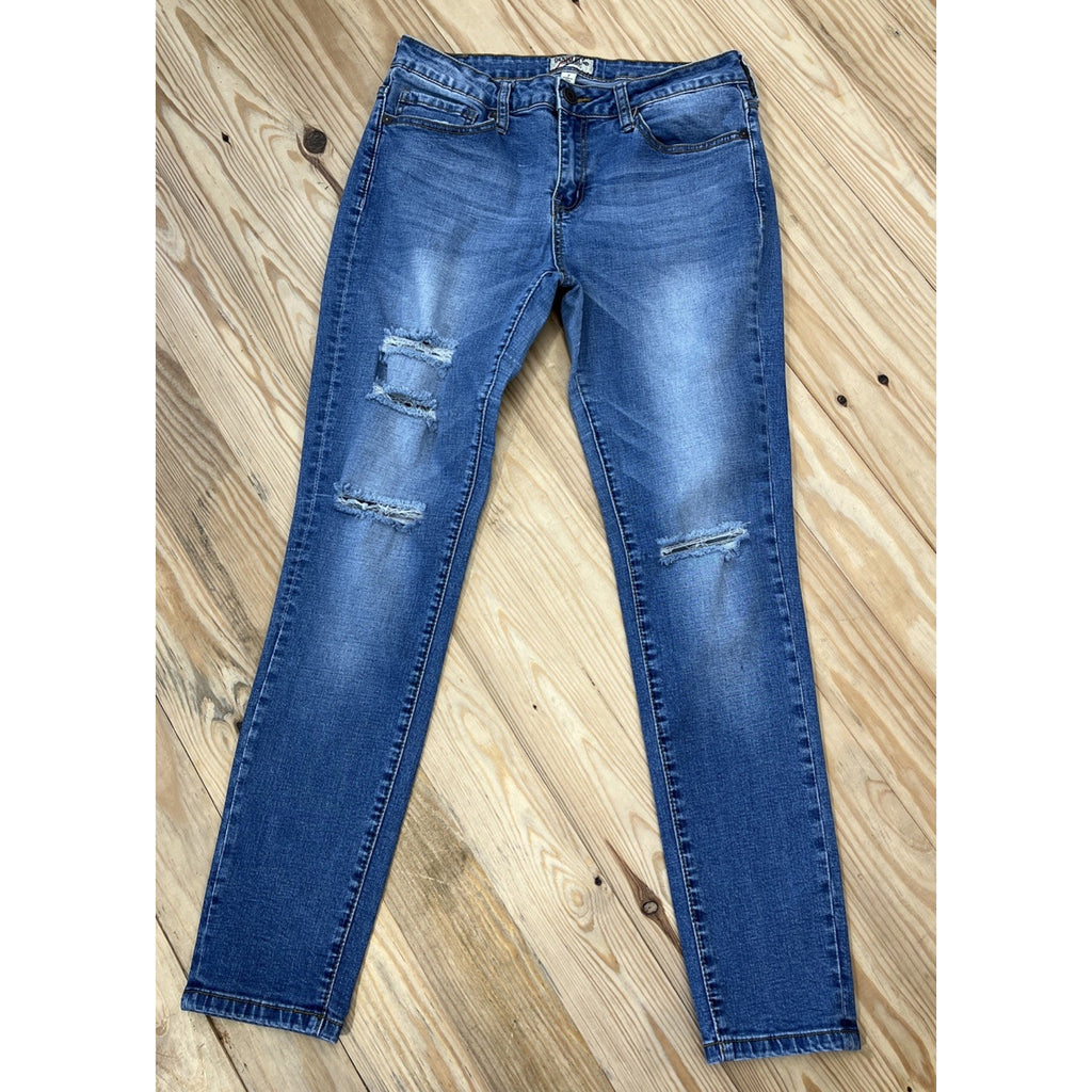 Denim Blvd Jeans 7 Womens Juniors Size Blue Denim Distressed Skinny Stretch Logo
