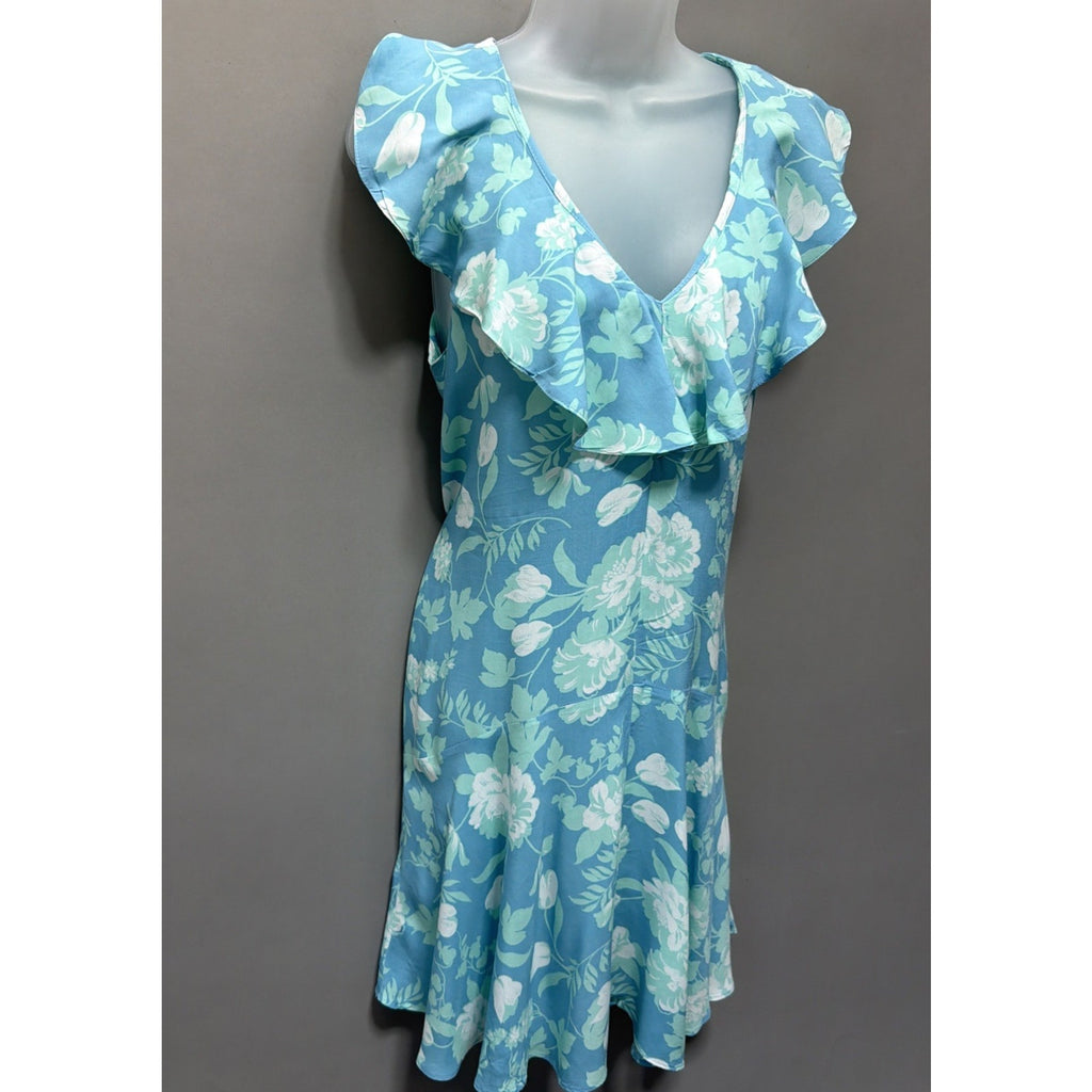 Calvin Klein Floral Challis Ruffle Hem Dress Women's Size 8 Mykonos Blue