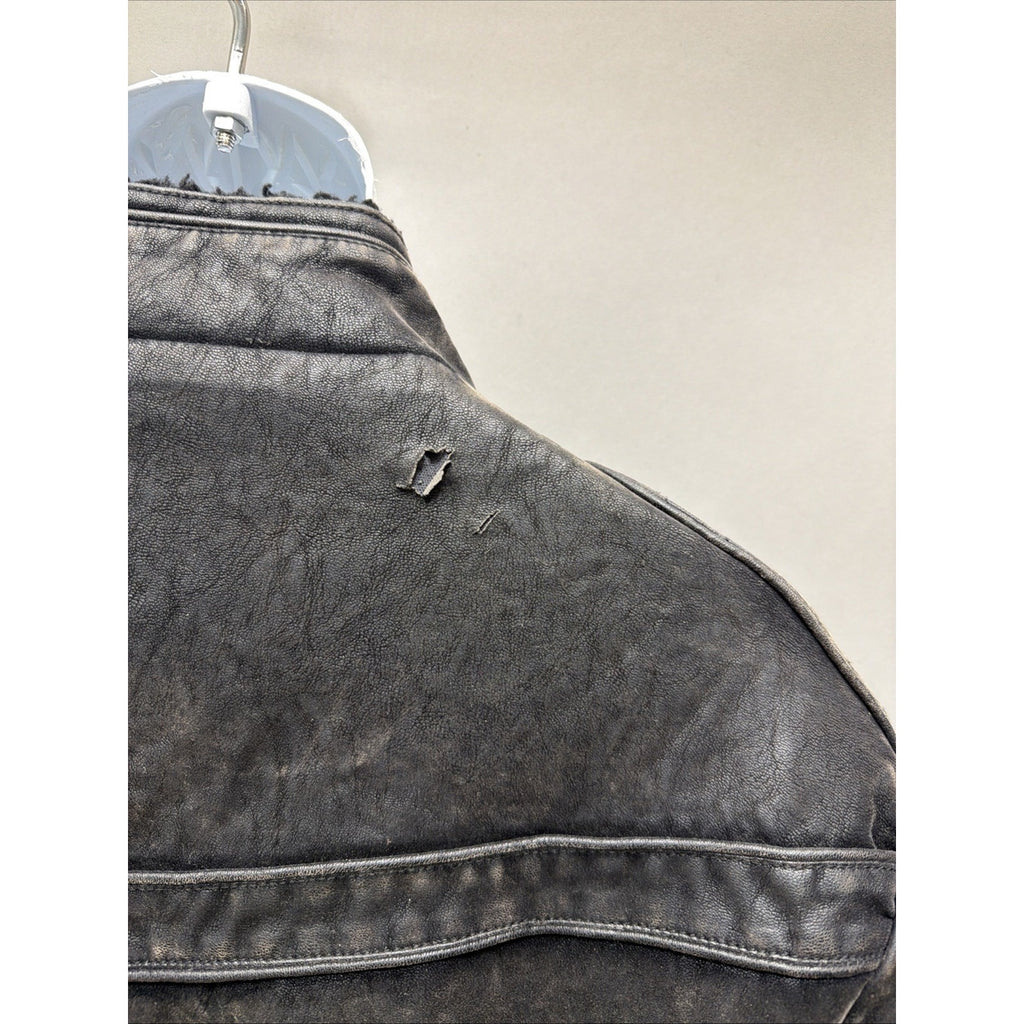 Vintage Y2K Buckle •Black• Athletic Fit Faux Leather Distressed Jacket Mens L