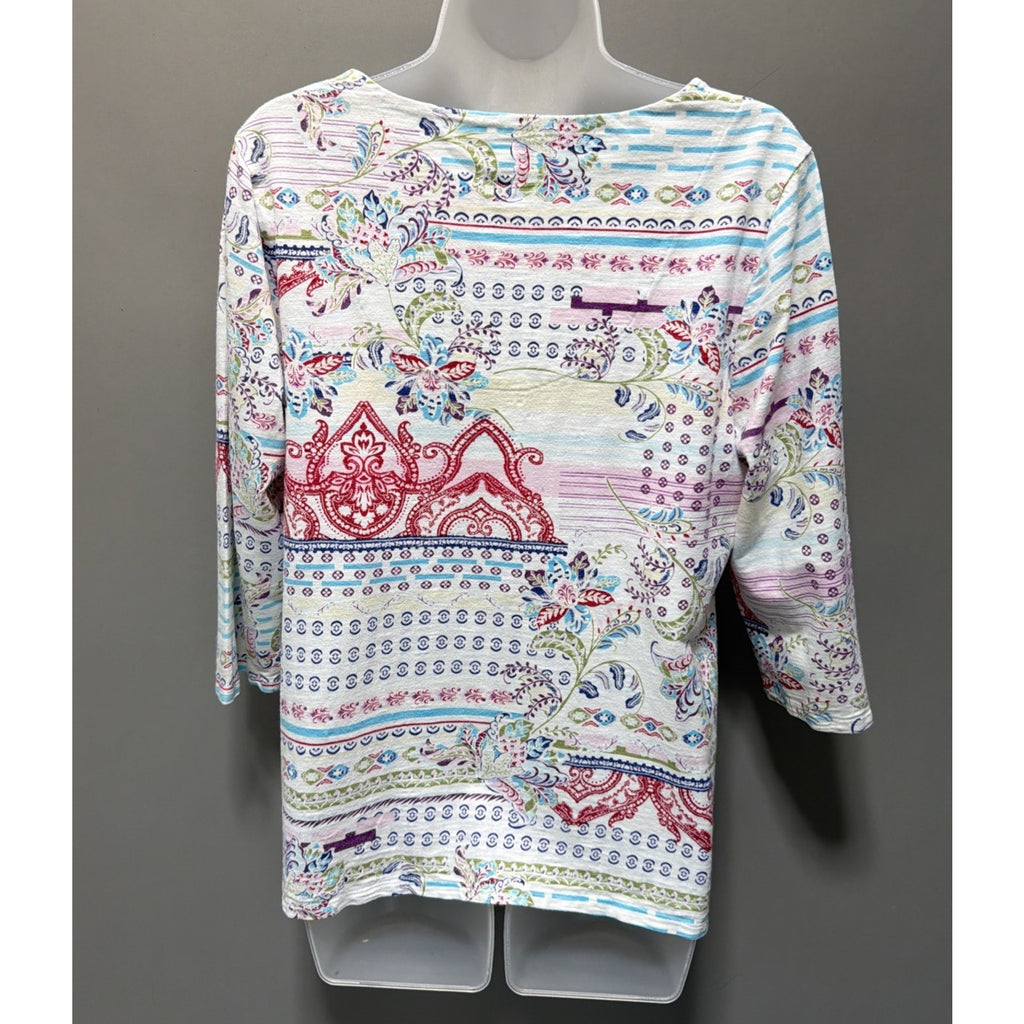 CHICO'S Sz 1 8/10 Medium 3/4 Sleeve Top Shirt Blouse V-Neck Colorful Artsy