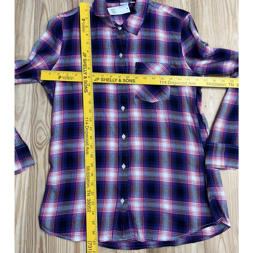 NWT Gap Long Sleeve Drapey Plaid Button Up Top Navy Pink Soft Size S
