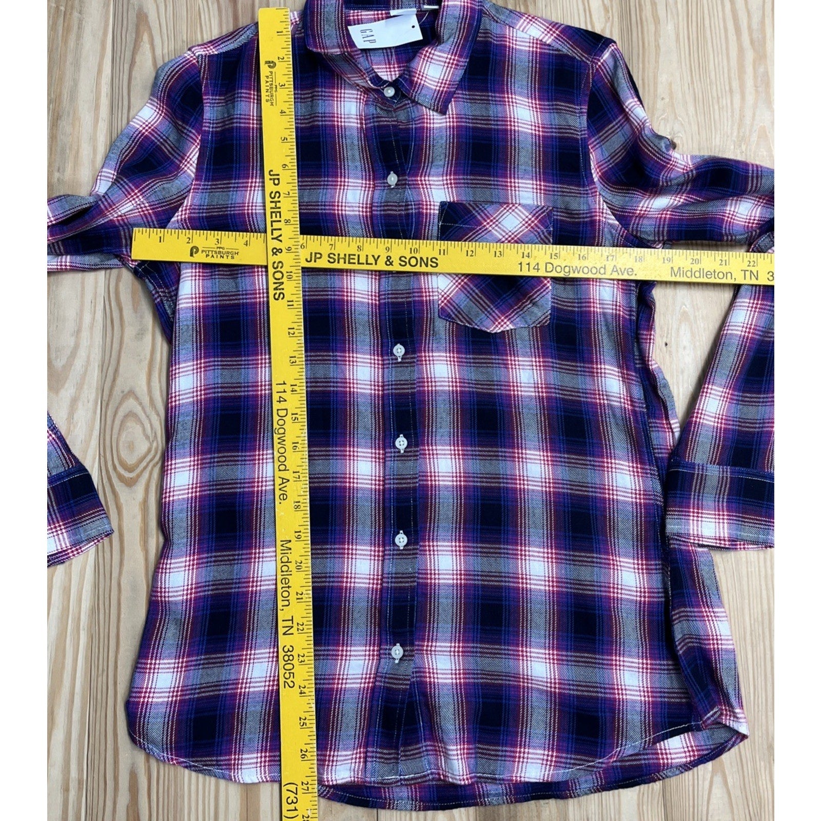 NWT Gap Long Sleeve Drapey Plaid Button Up Top Navy Pink Soft Size S