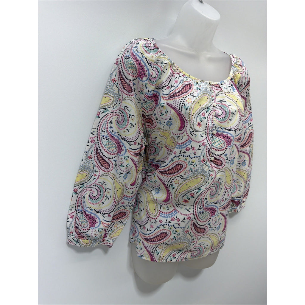 TALBOTS Fuchsia Countryside Paisley Popover Cotton Top Size Large