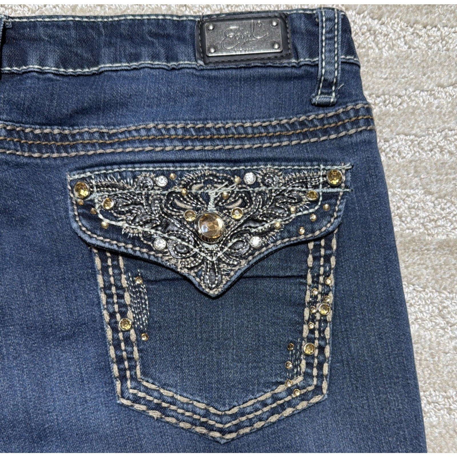 Earl Jeans Embellished Thick Stitch Jeans Blue Denim Slim Boot Stretch Womens 10