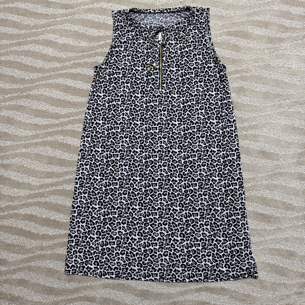 Michael Kors Leopard Print Shift Dress Sleeveless Gold Zip Neck Black White L