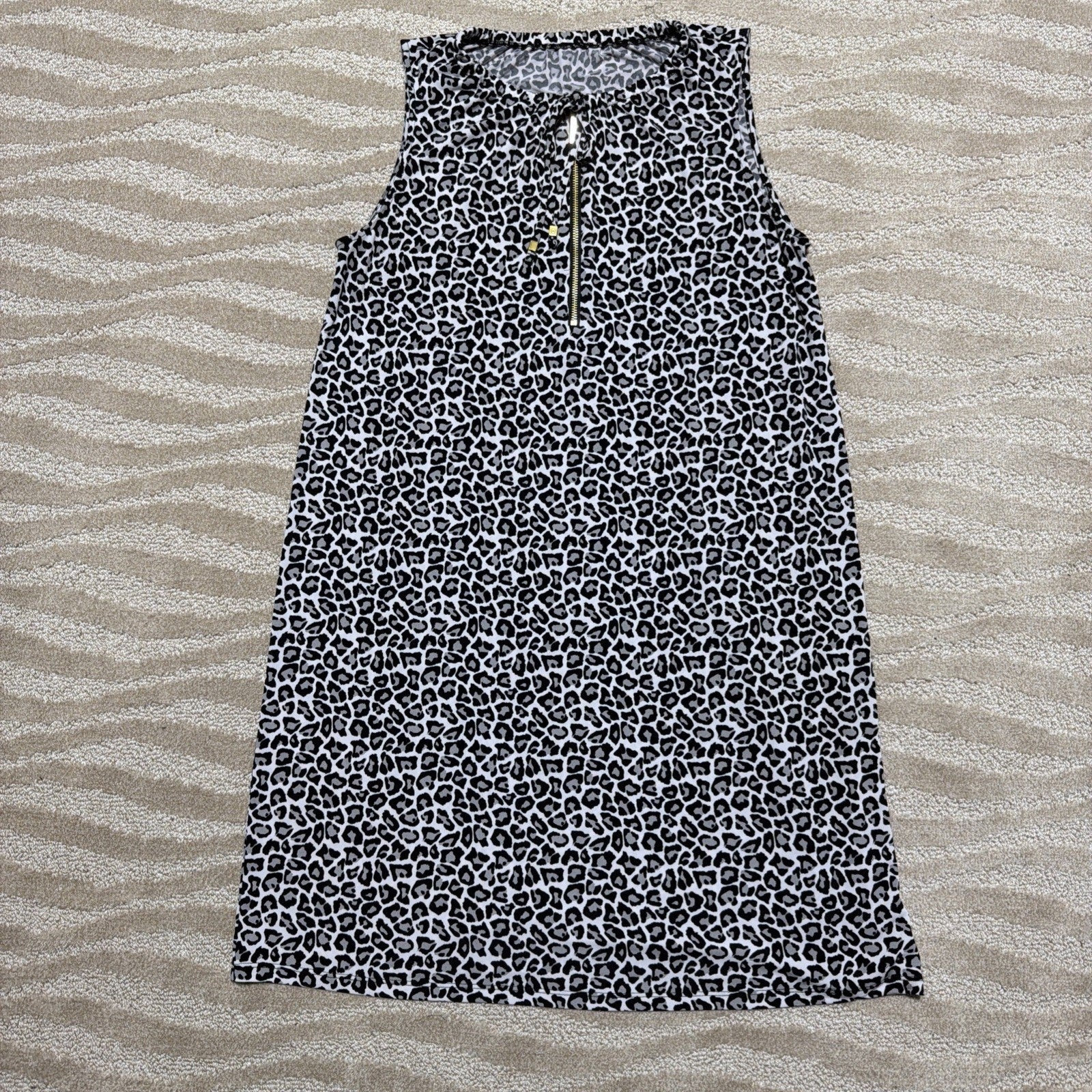Michael Kors Leopard Print Shift Dress Sleeveless Gold Zip Neck Black White L