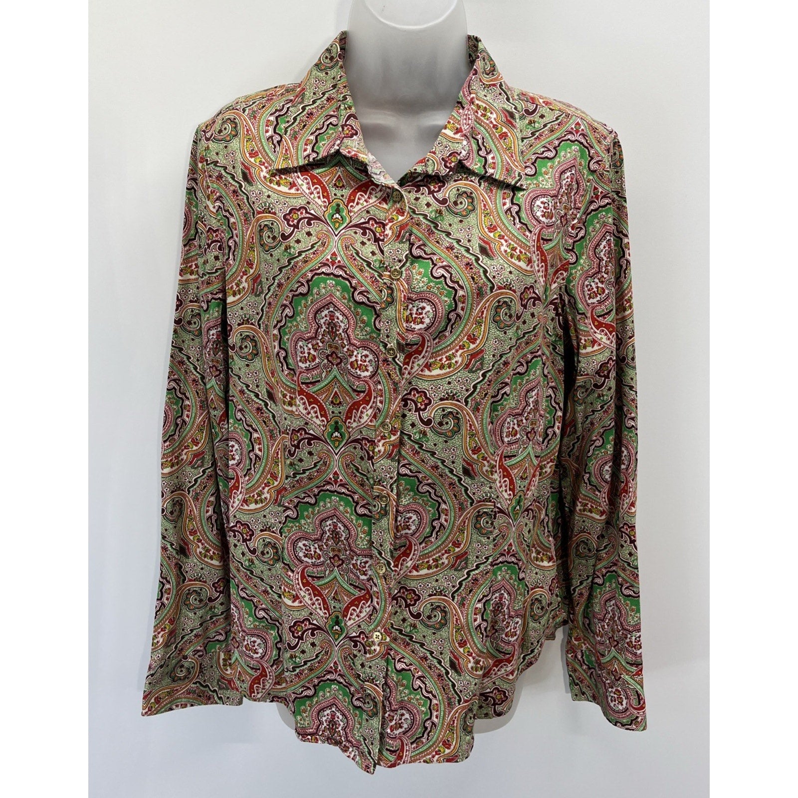 Talbots Green Red Paisley Button Down Shirt Stretch Collared Long Sleeve 14