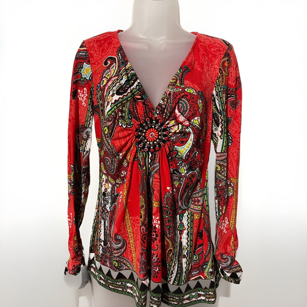 eci New York Women's Size S Long Sleeve V Neck Red Paisley Print Beaded