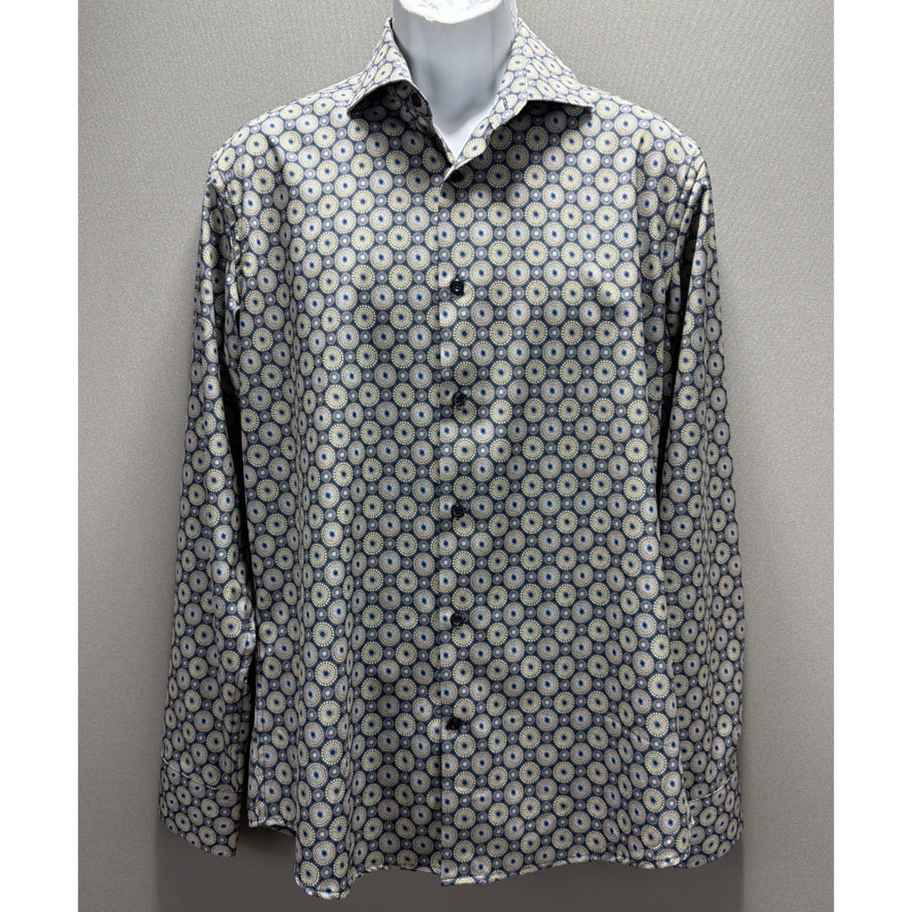 LUGANO Switzerland Multi Color Dot Print Button Down Dress Shirt Stretch Size M