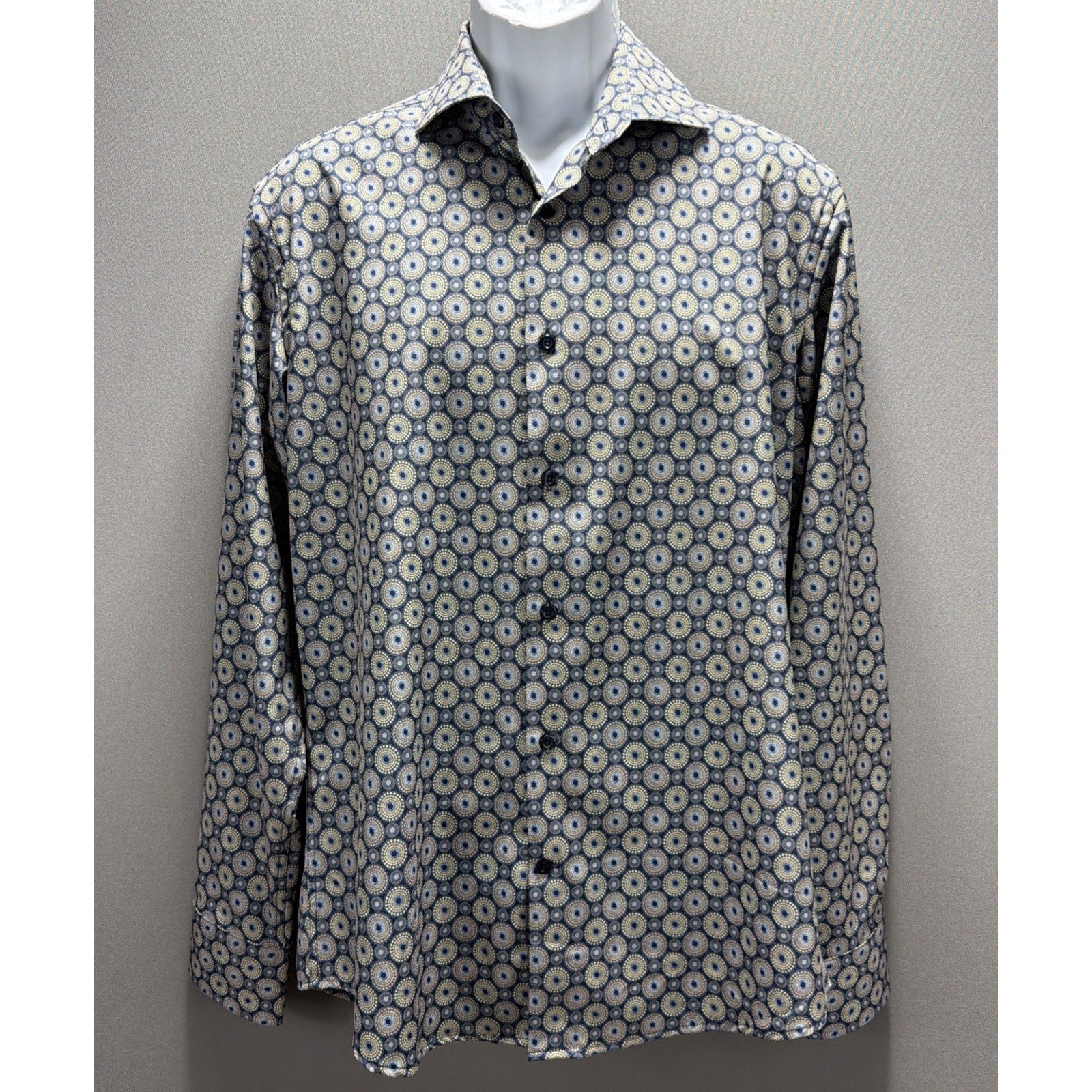 LUGANO Switzerland Multi Color Dot Print Button Down Dress Shirt Stretch Size M
