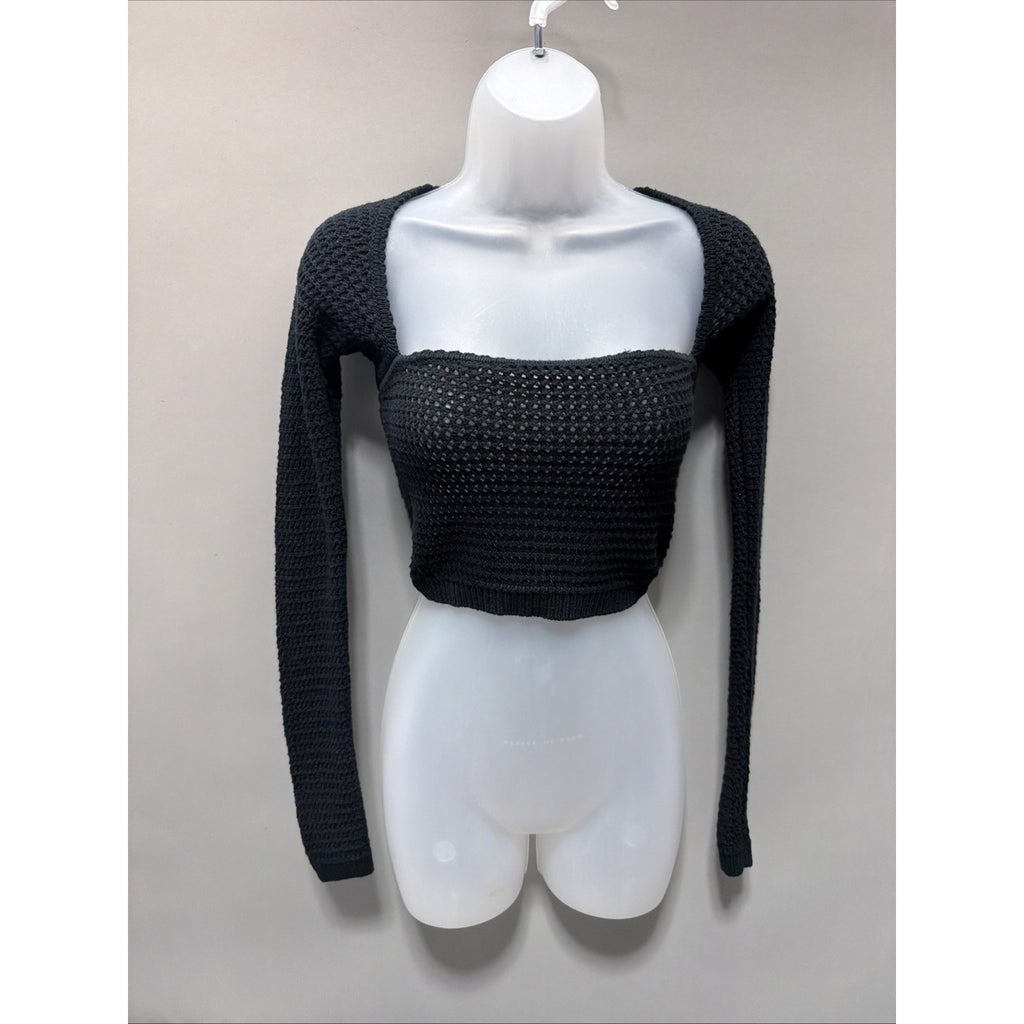 American Eagle Sweater Womens XS Black Crop Crochet Cotton Long Sleeve New