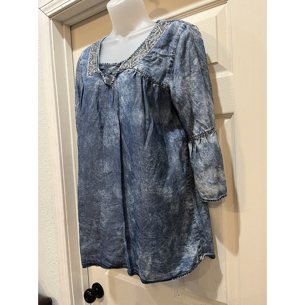 Signature 1 Studio Blue Denim Print Embellished 3/4 Ruffled Sleeve Top Women's M