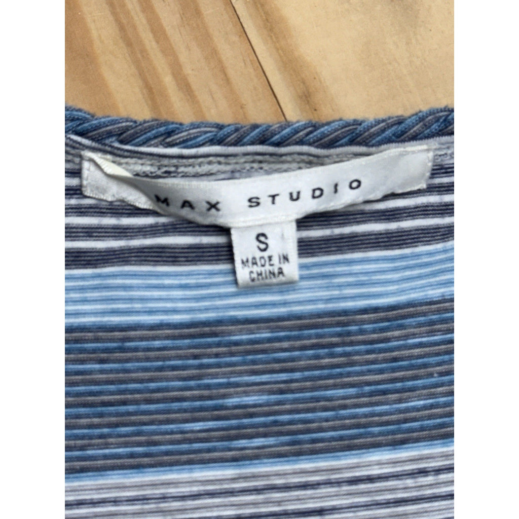 Max Studio Dress Blue Gray Striped S Stretch Maxi V-Neck