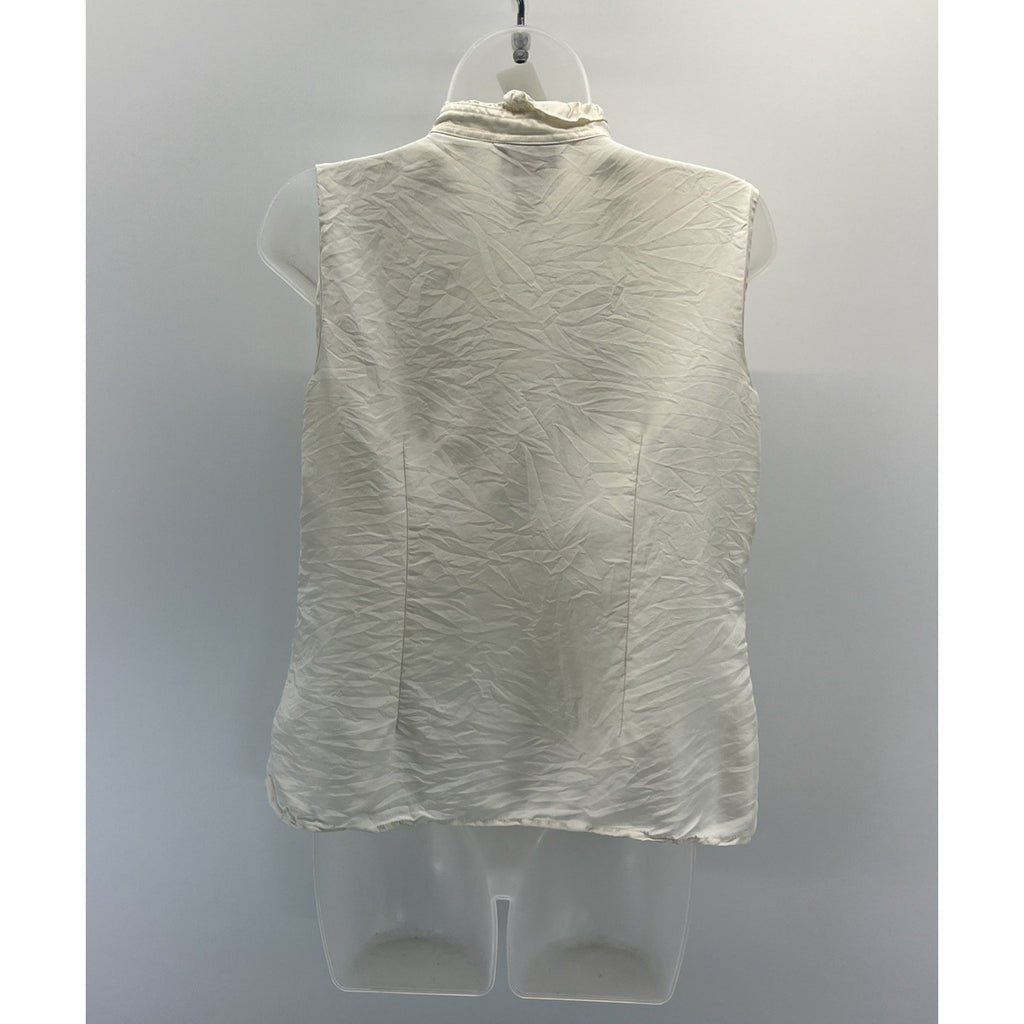 Talbots Cream White Silk Pure Split Neck Sleeveless Ruffle High Neck Med 10 P