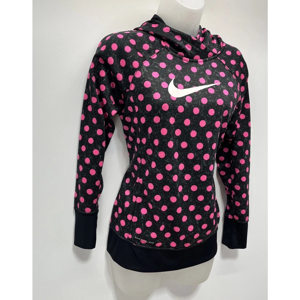 Nike Girls Pink Polka dot Pullover Hoodie XL kids Therma fit swoosh logo
