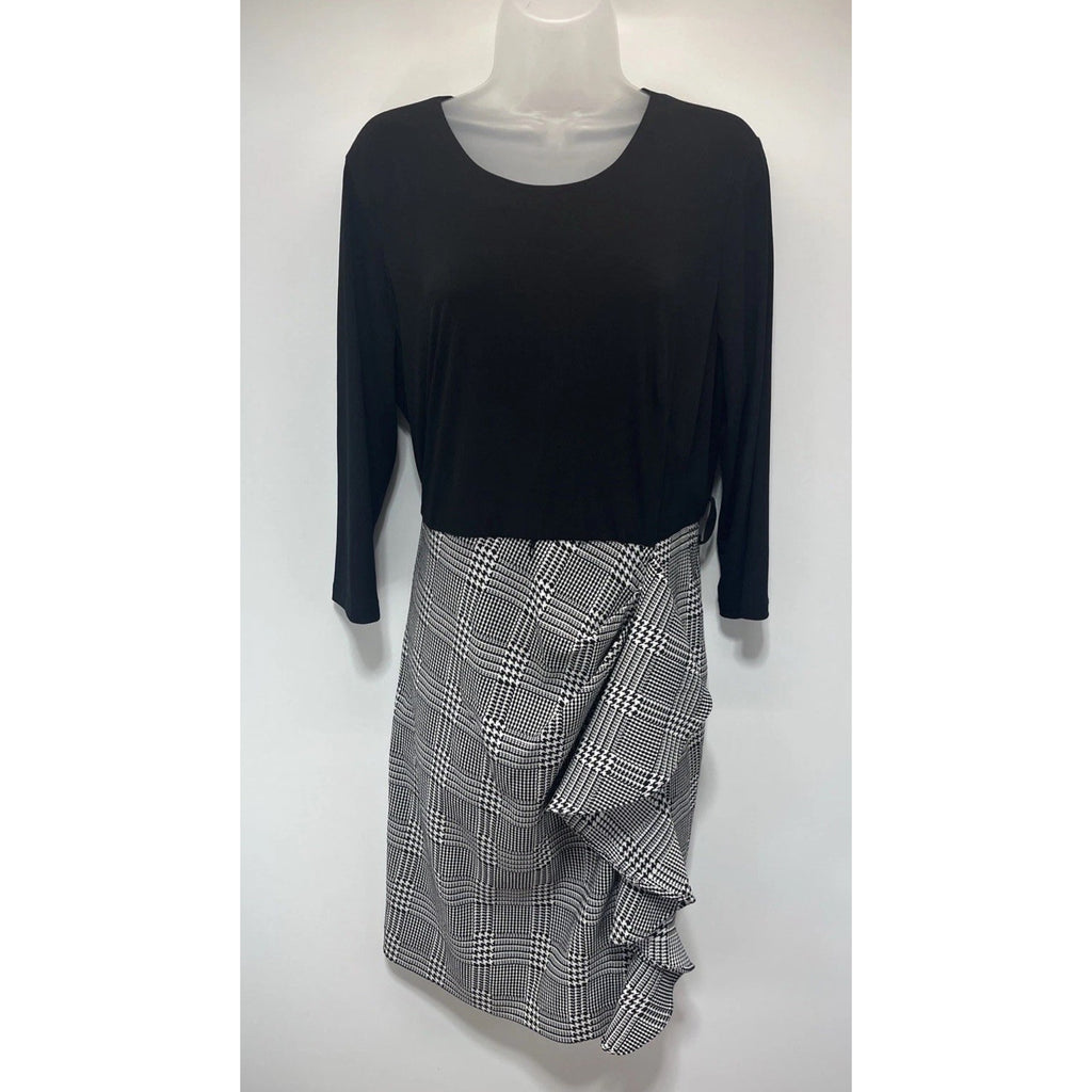 Calvin Klein Size 16 Sheath Dress Black Gray Ruffled Skirt 3/4 Sleeve Women’s