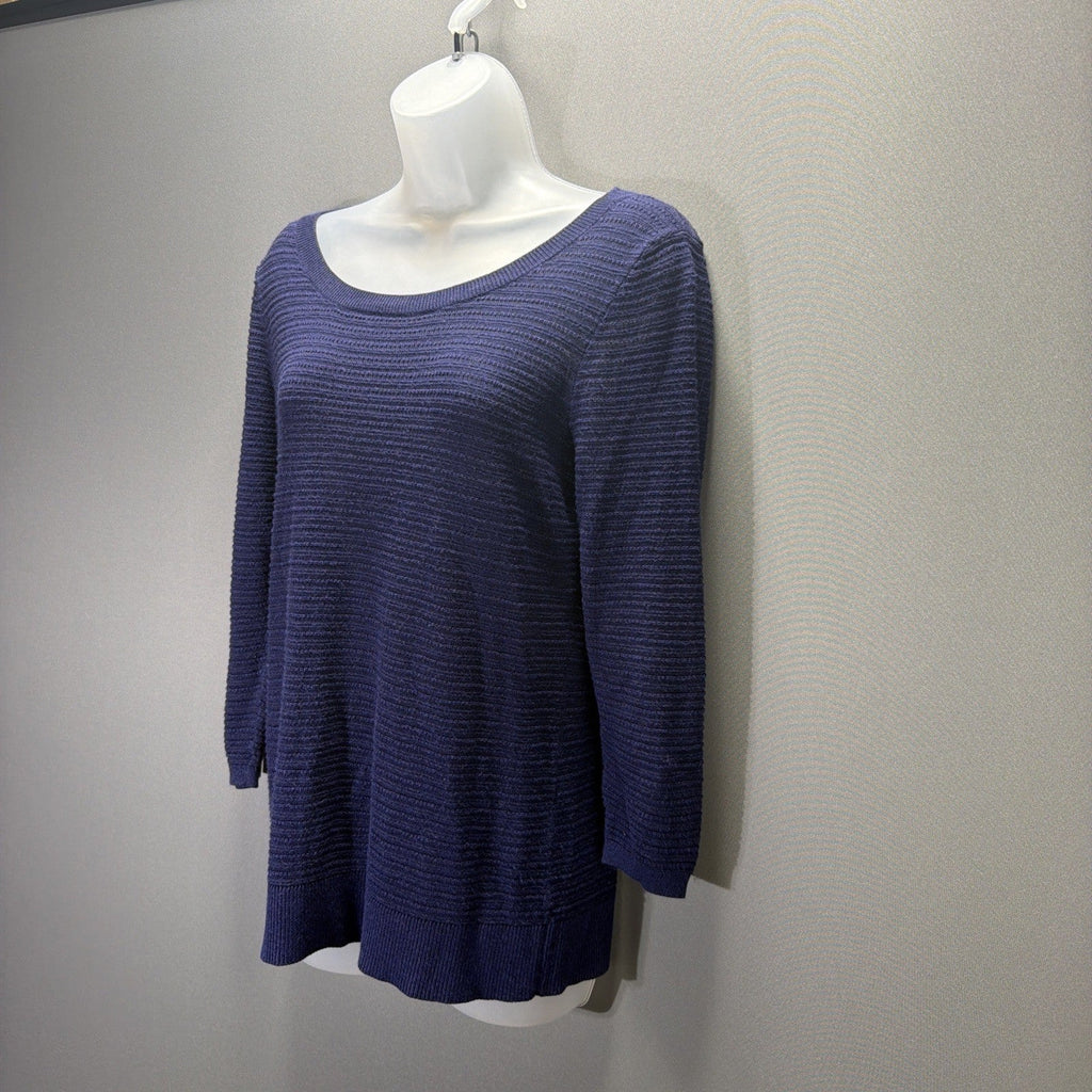 LOFT NAVY BLUE TEXTURED KNIT CLASSIC 3/4 SLEEVES CAREER SWEATER SZ: L