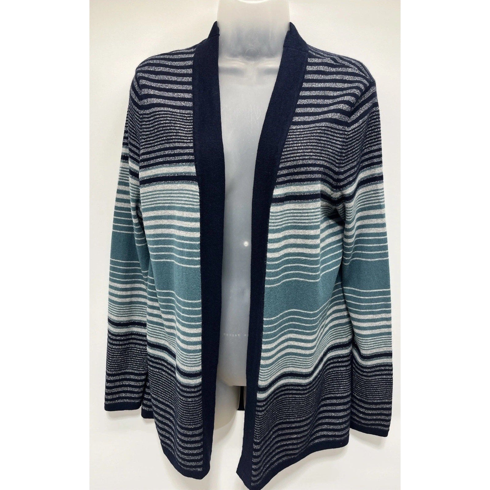Beautiful Talbots striped open Silver Shimmer Cardigan sweater Size Medium