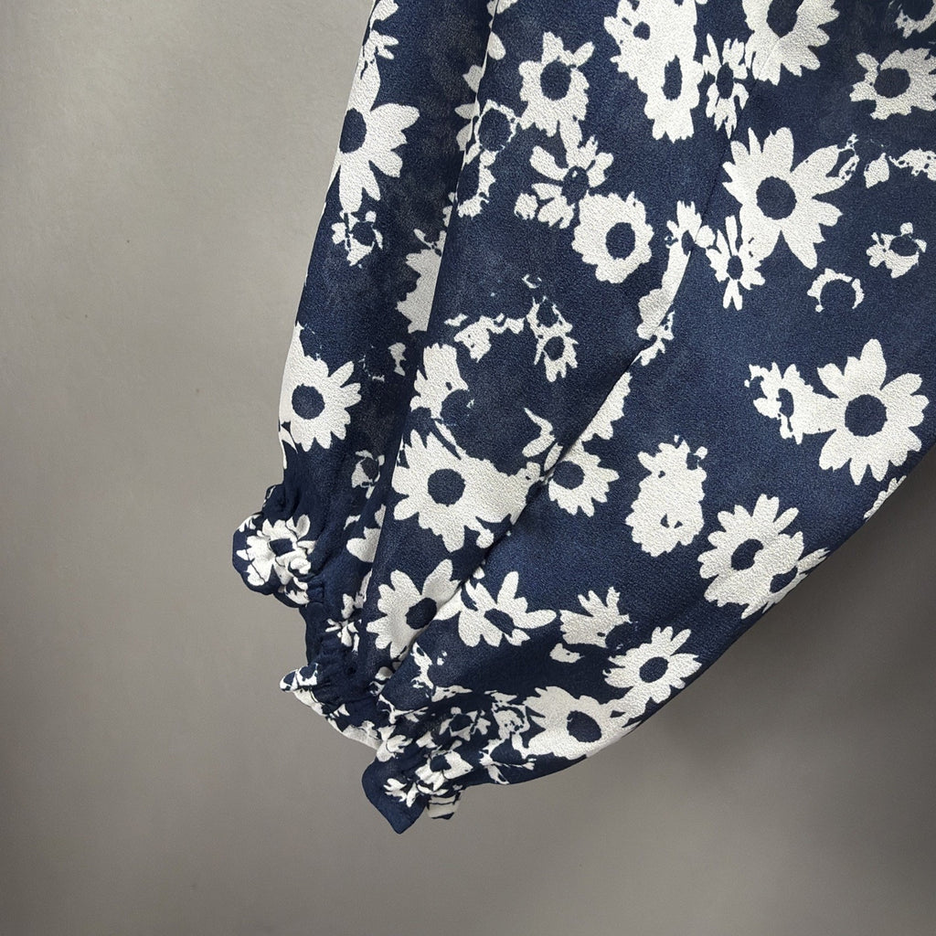 Women LOFT Shirts & Blouses | Floral Ruffle Cuff Blouse Deep Space Blue XL New