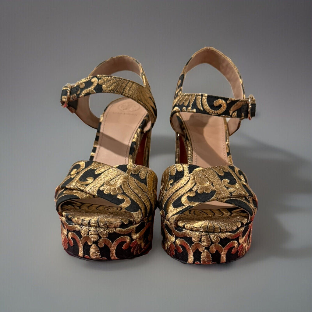 Tory Burch Loretta Embroidered Platform Sandals Black/gold 6.5 NWB