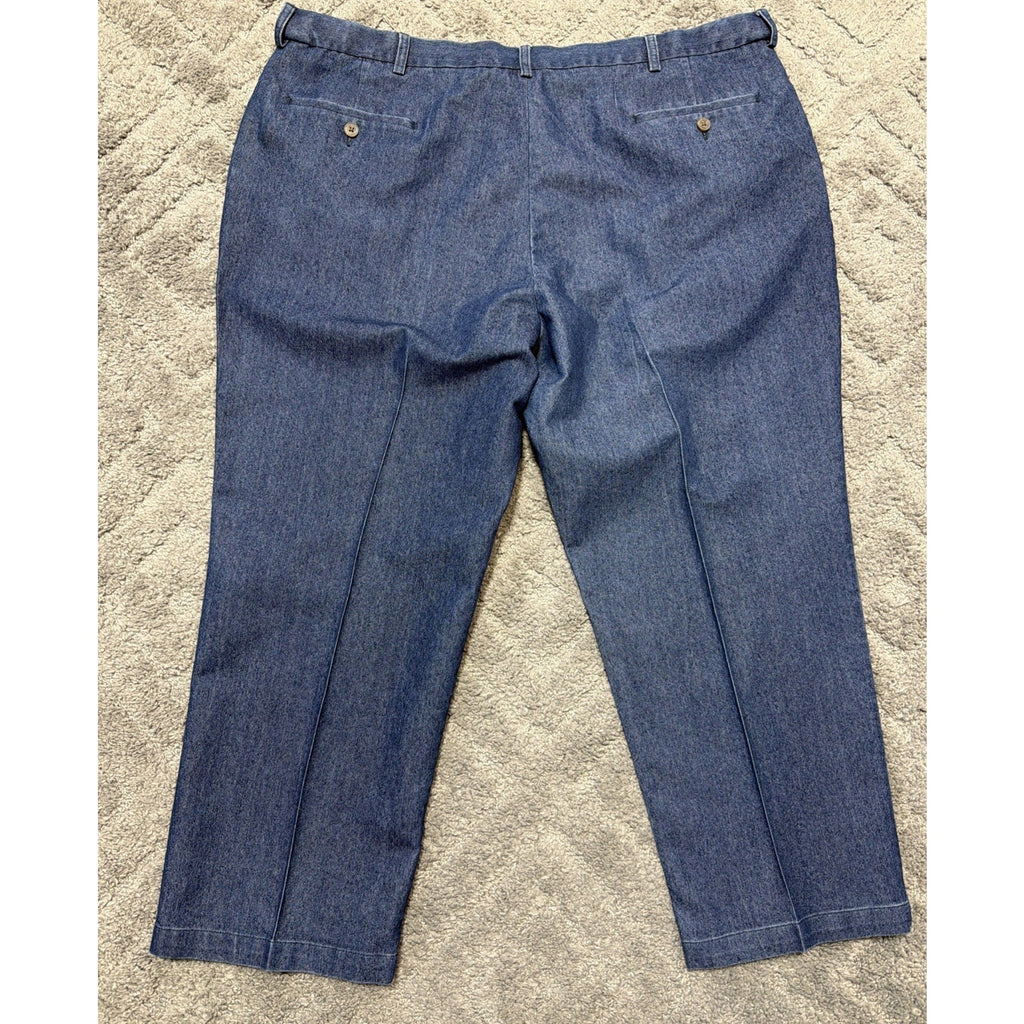 Haggar Premium Denim Trouser Dress Pants Blue Classic Fit Pleated 46x30 Stretch