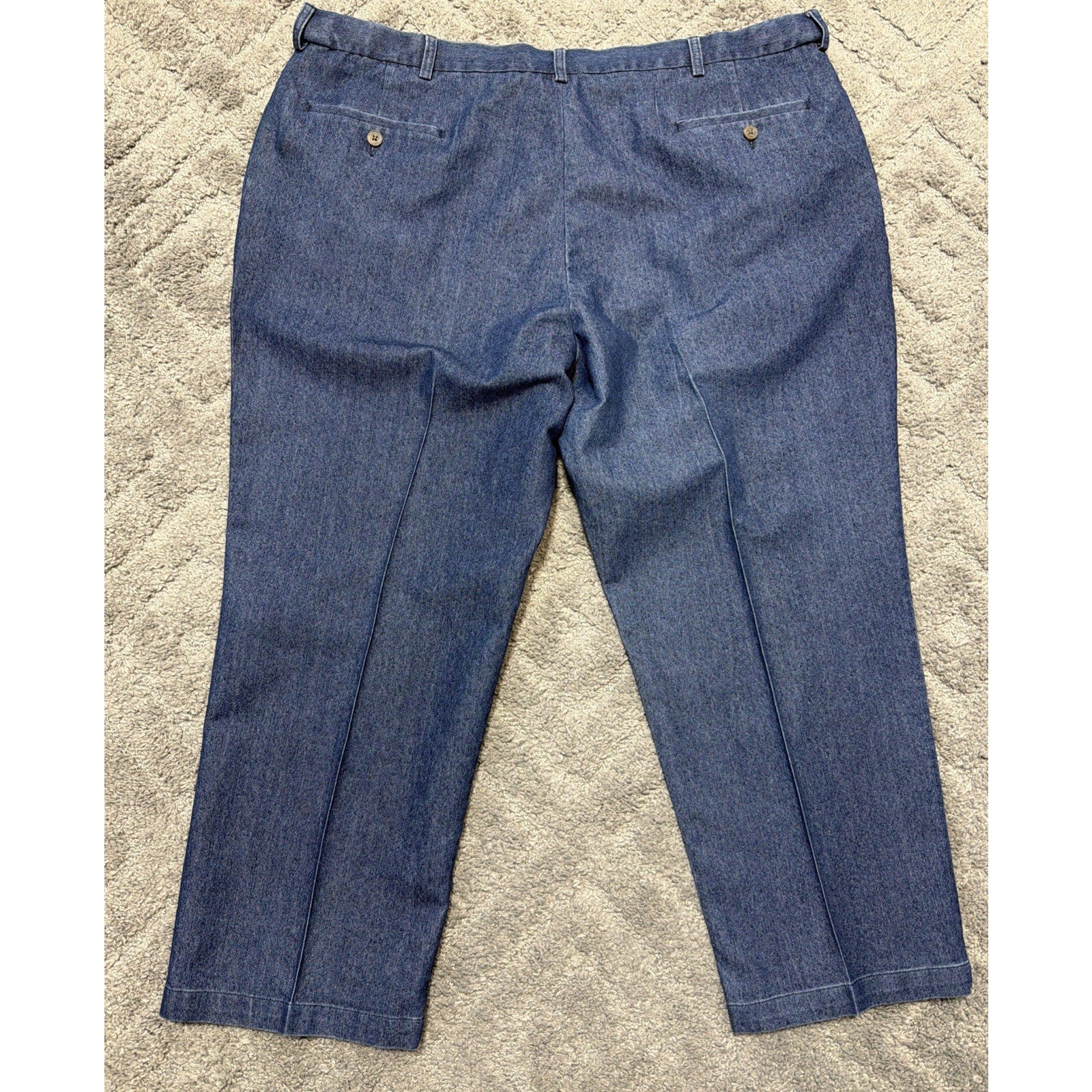 Haggar Premium Denim Trouser Dress Pants Blue Classic Fit Pleated 46x30 Stretch