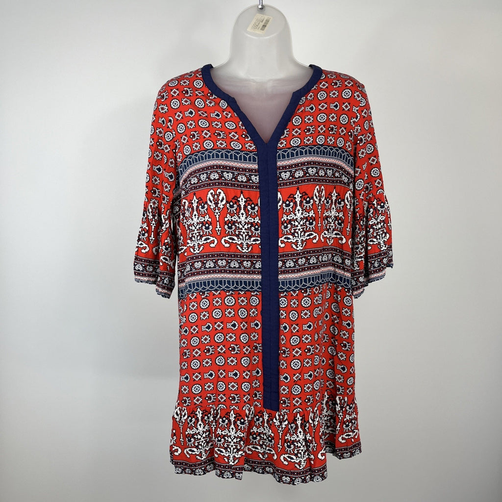 JOY JOY Womens V-NECK Geo Print Boho Dress STRETCH TUNIC 3/4 SLEEVES Medium