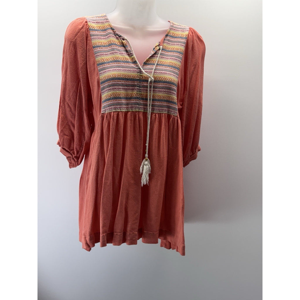 Umgee Women's Bohemian Long Sleeve Embroidered Mini Tunic Dress Size Small