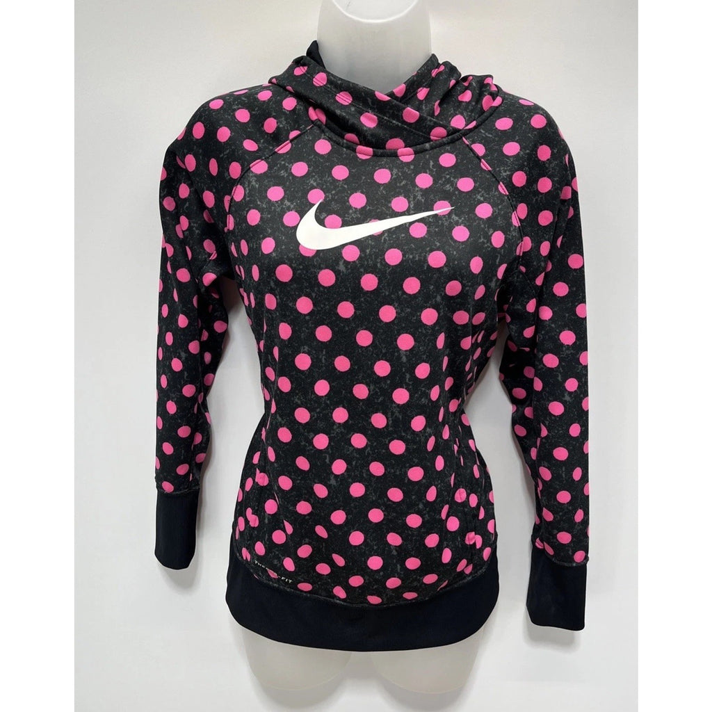 Nike Girls Pink Polka dot Pullover Hoodie XL kids Therma fit swoosh logo
