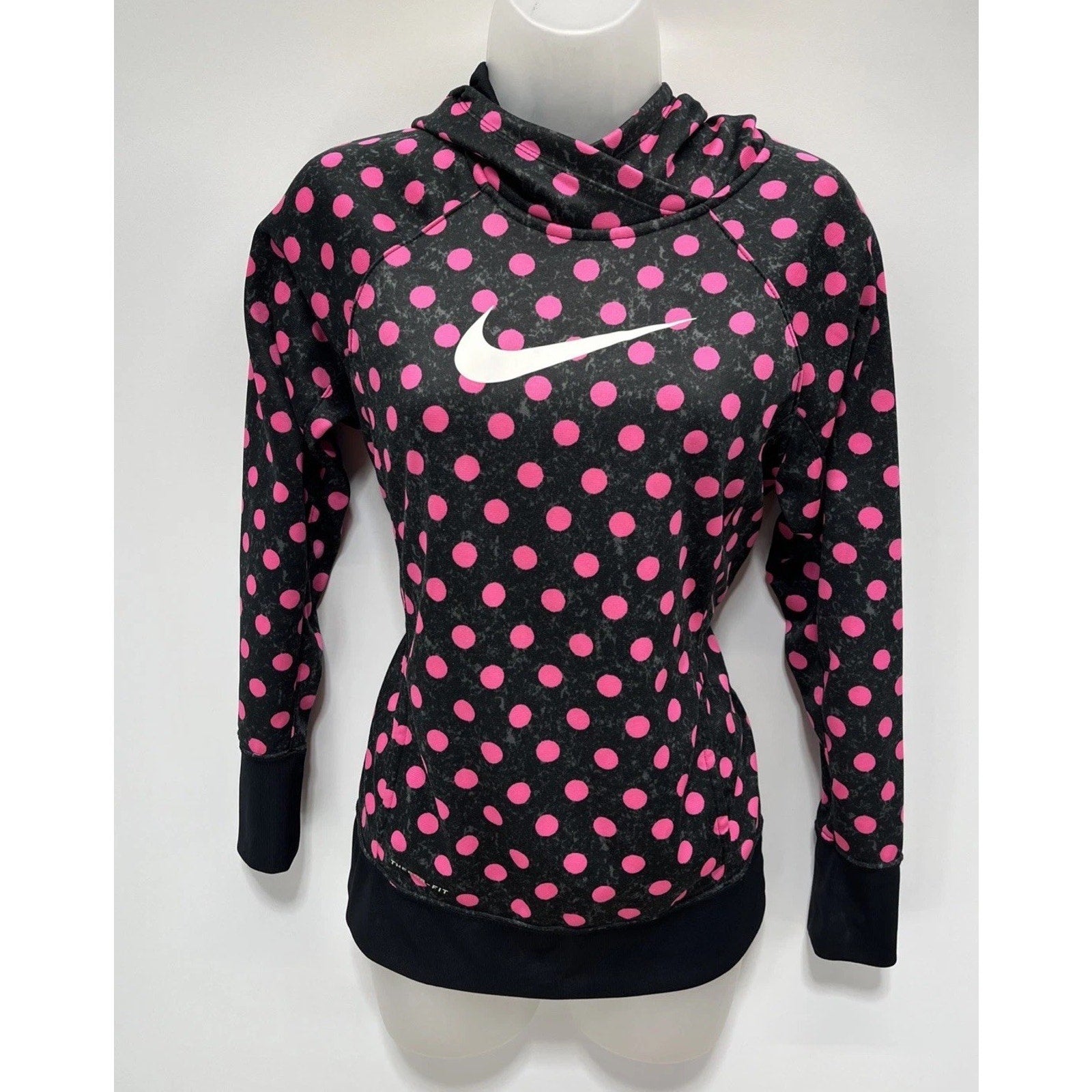 Nike Girls Pink Polka dot Pullover Hoodie XL kids Therma fit swoosh logo