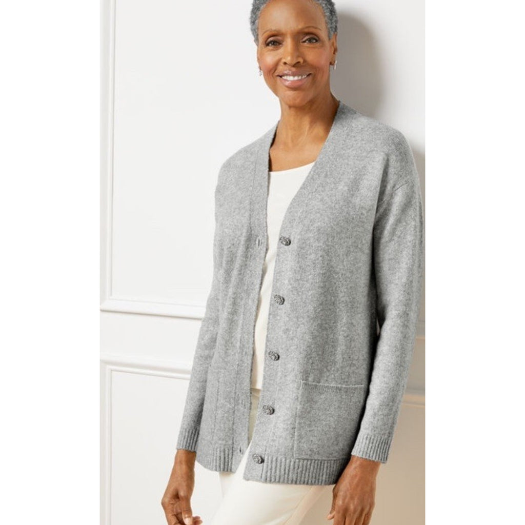 Talbots Jewel Button Cardigan Medium Gray Silver Metallic Shimmer soft cozy