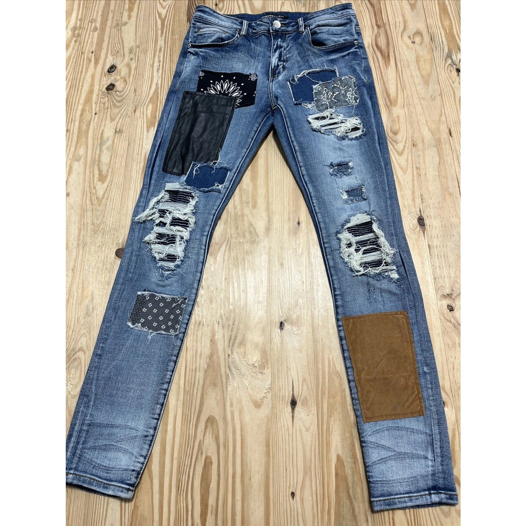 Embellish NYC Men's Rip & Repair Patchwork Distressed Skinny Fit Denim Jeans 32