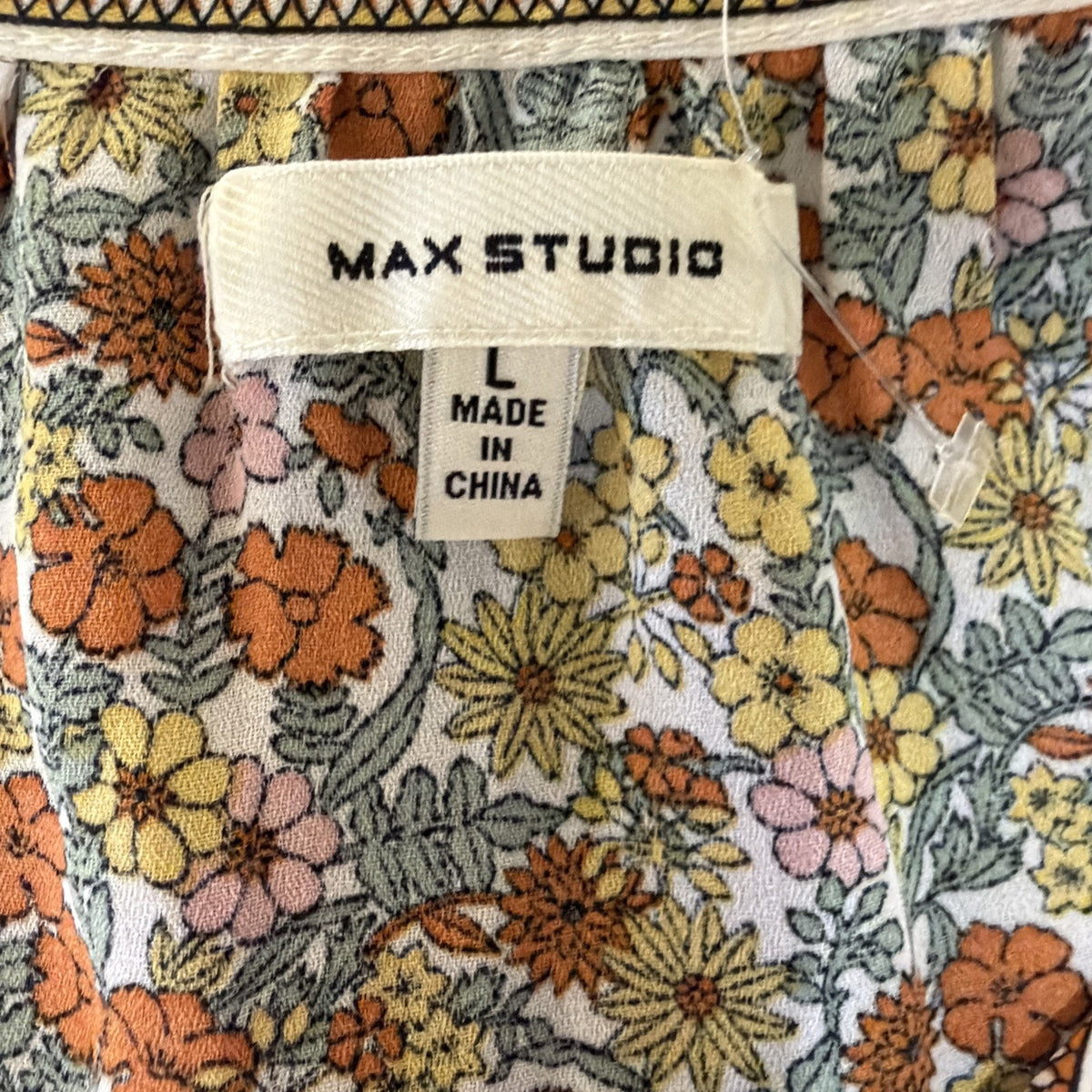 Max Studio Top Womens L Floral Boho Chic Ruffle Tie Neck Casual Career Shirt