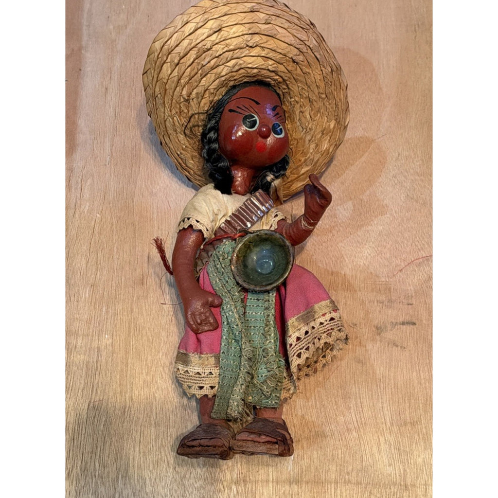 Vintage Mexican Folk Art Mother Baby Doll Sombrero Bowl Pink Dress 14” Souvenir
