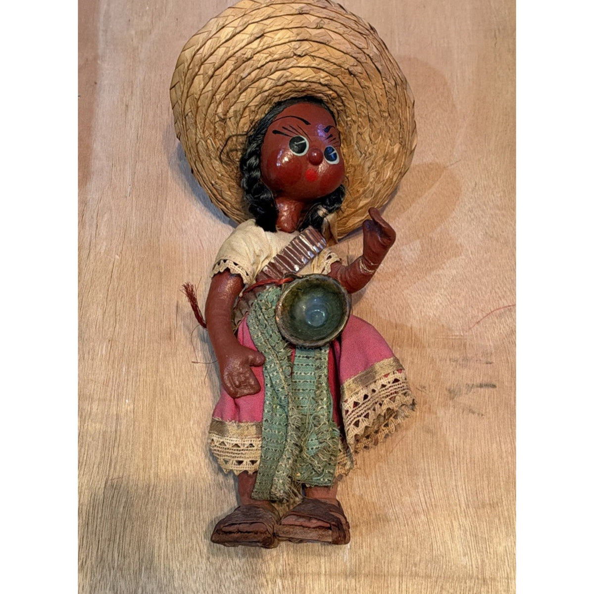 Vintage Mexican Folk Art Mother Baby Doll Sombrero Bowl Pink Dress 14” Souvenir