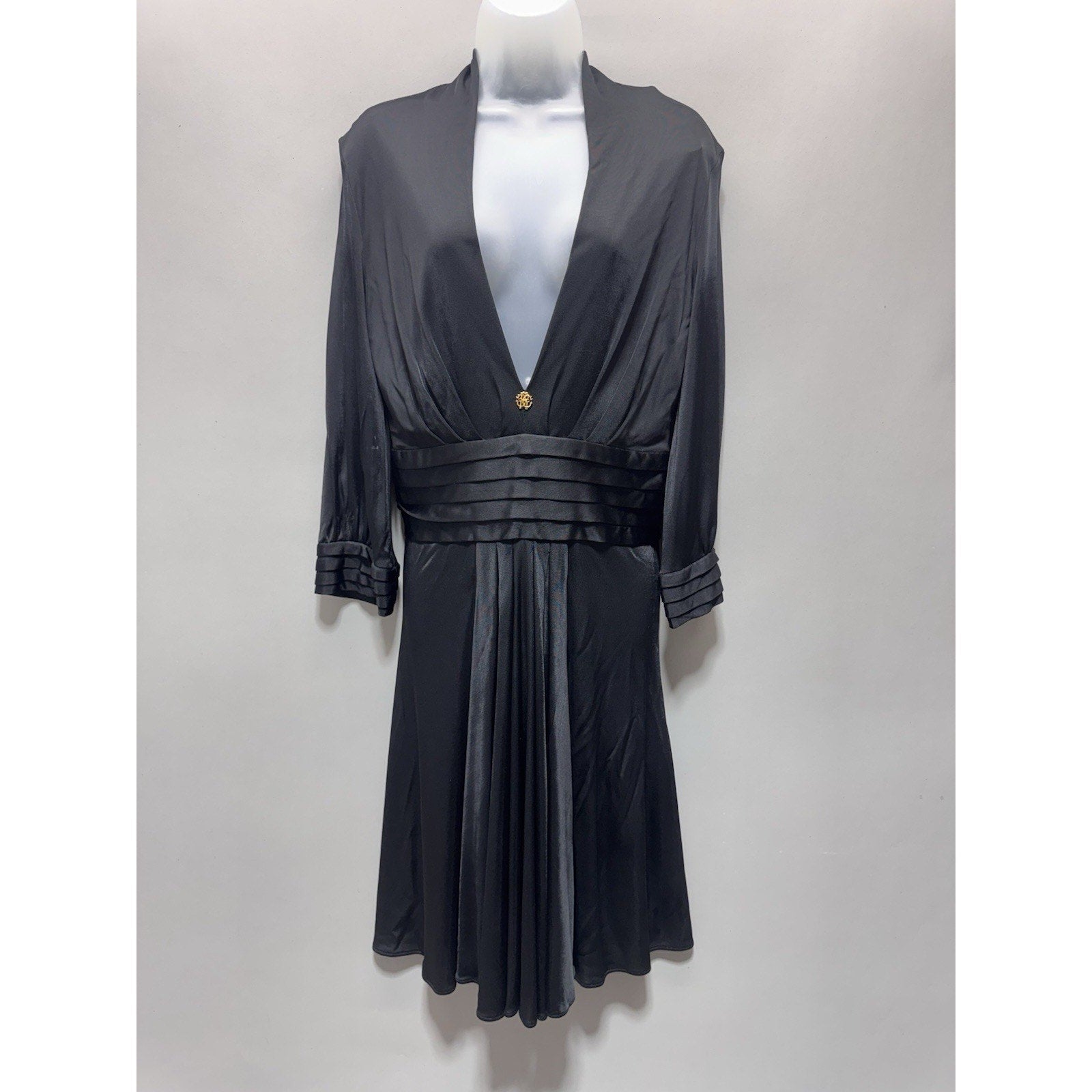 Roberto Cavalli Black Empire Waist Dress IT 44 US 8 10 V Neck Pleated Waist Gold