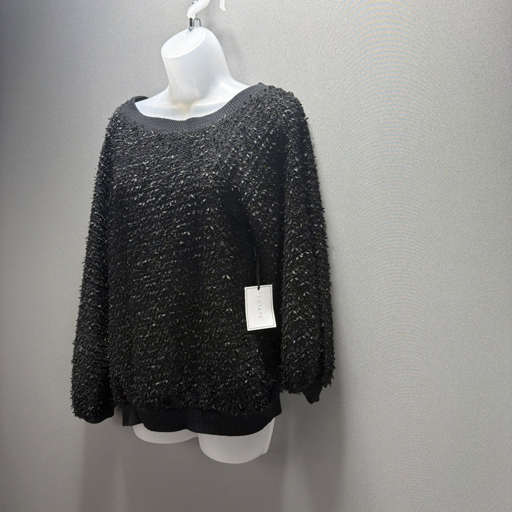 NWT 1. State Women's S Black Fringe Balloon Sleeve Silver Shimmer Sweater Stretc