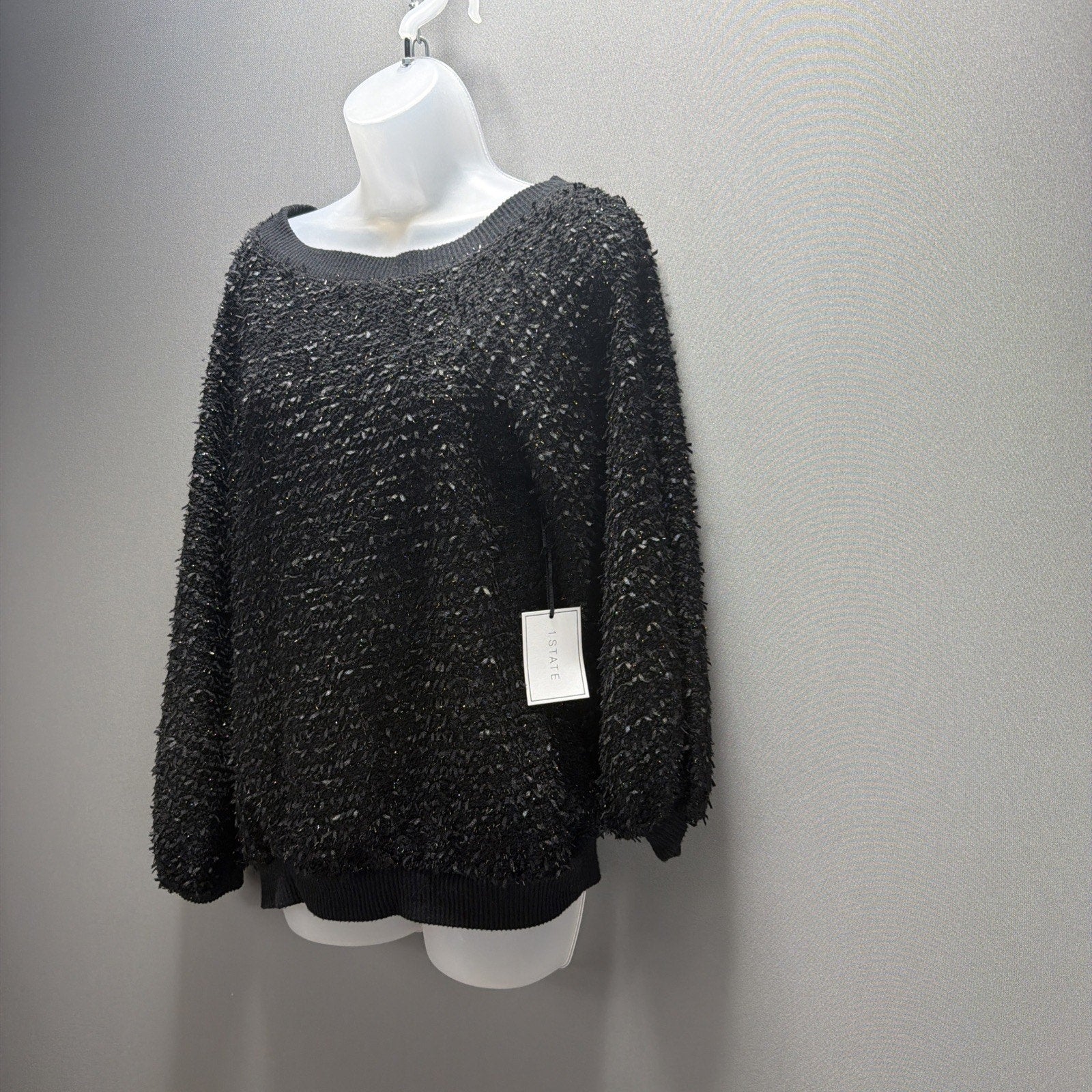 NWT 1. State Women's S Black Fringe Balloon Sleeve Silver Shimmer Sweater Stretc
