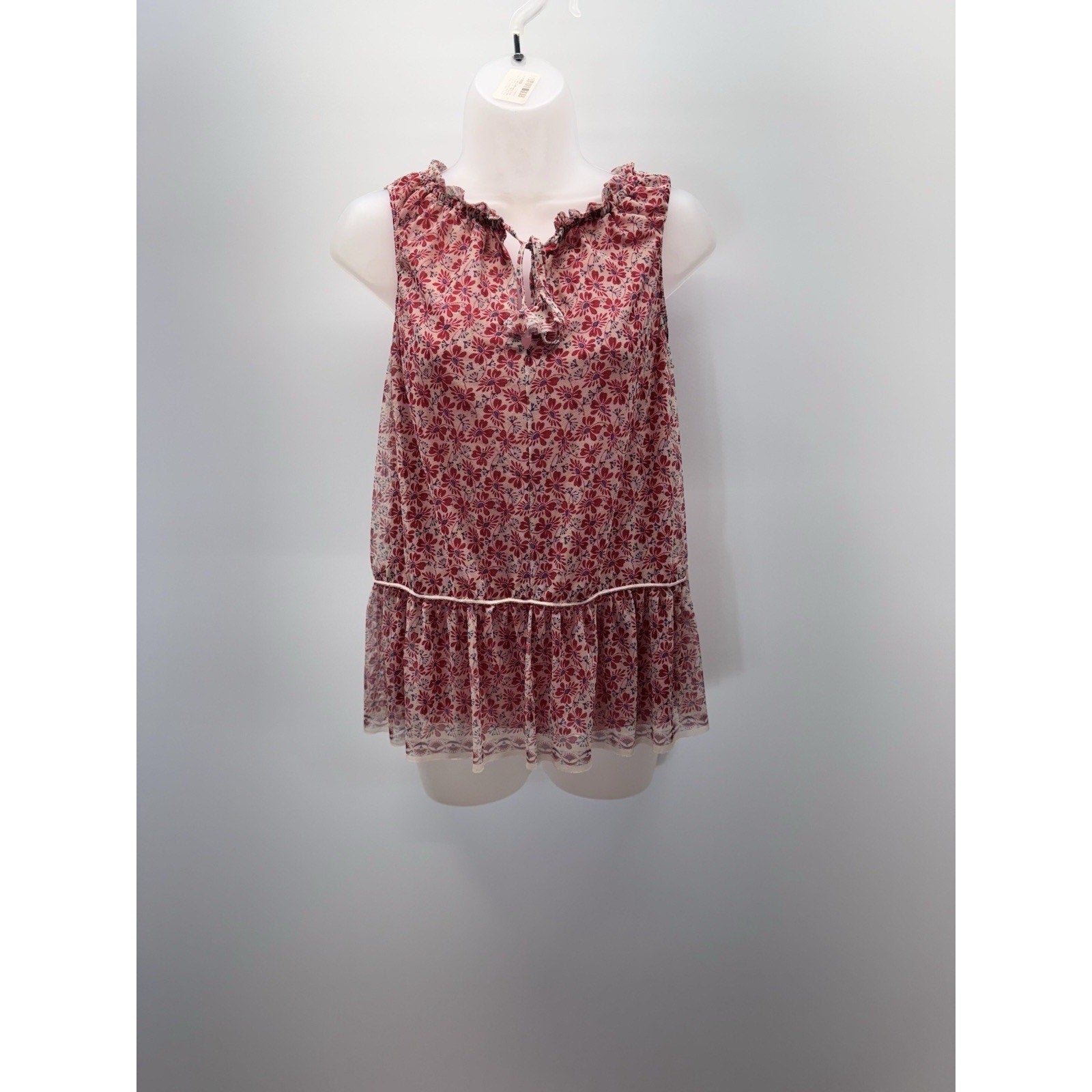 Max Studio Shirt Women’s Medium Red Cream Floral Sleeveless Blouse Casual A Line