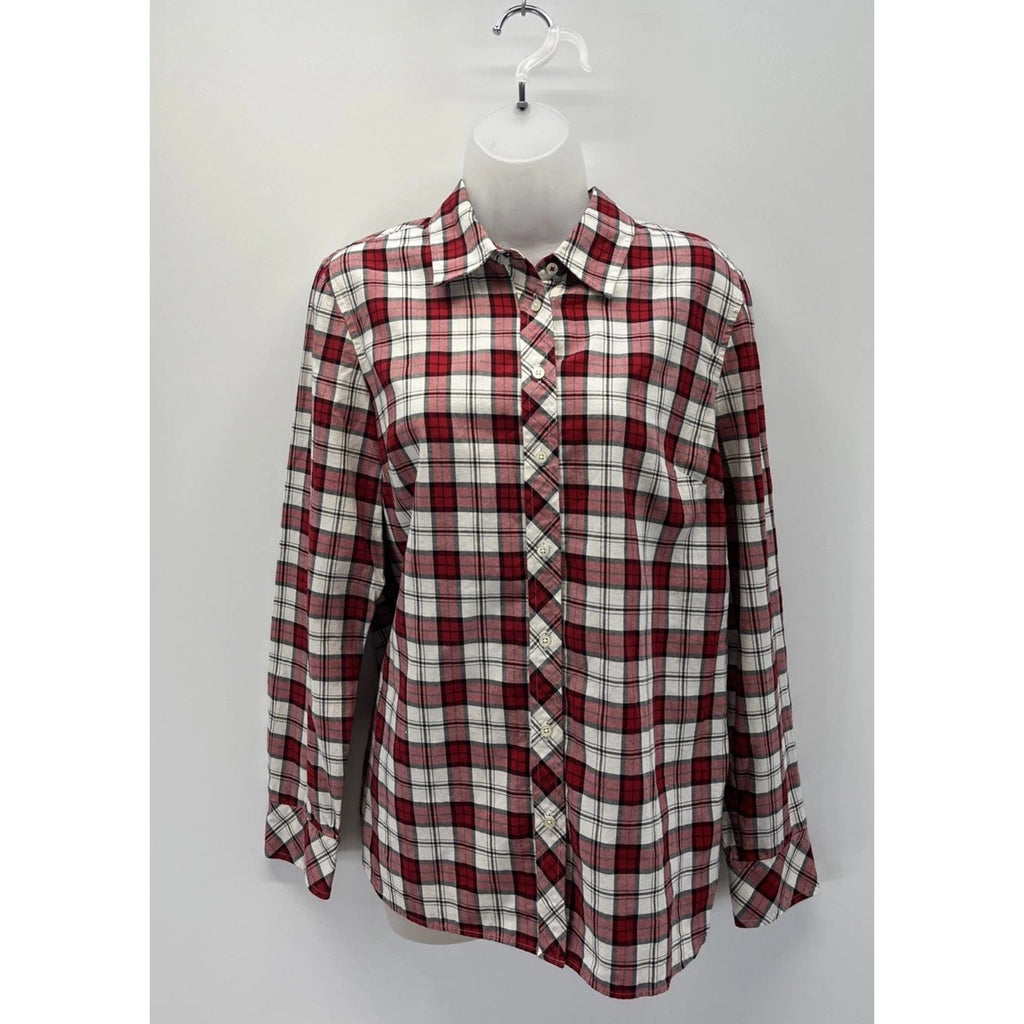 Talbots L Top Large Red White Gold Plaid Button Up Blouse Cozy Cabin Soft