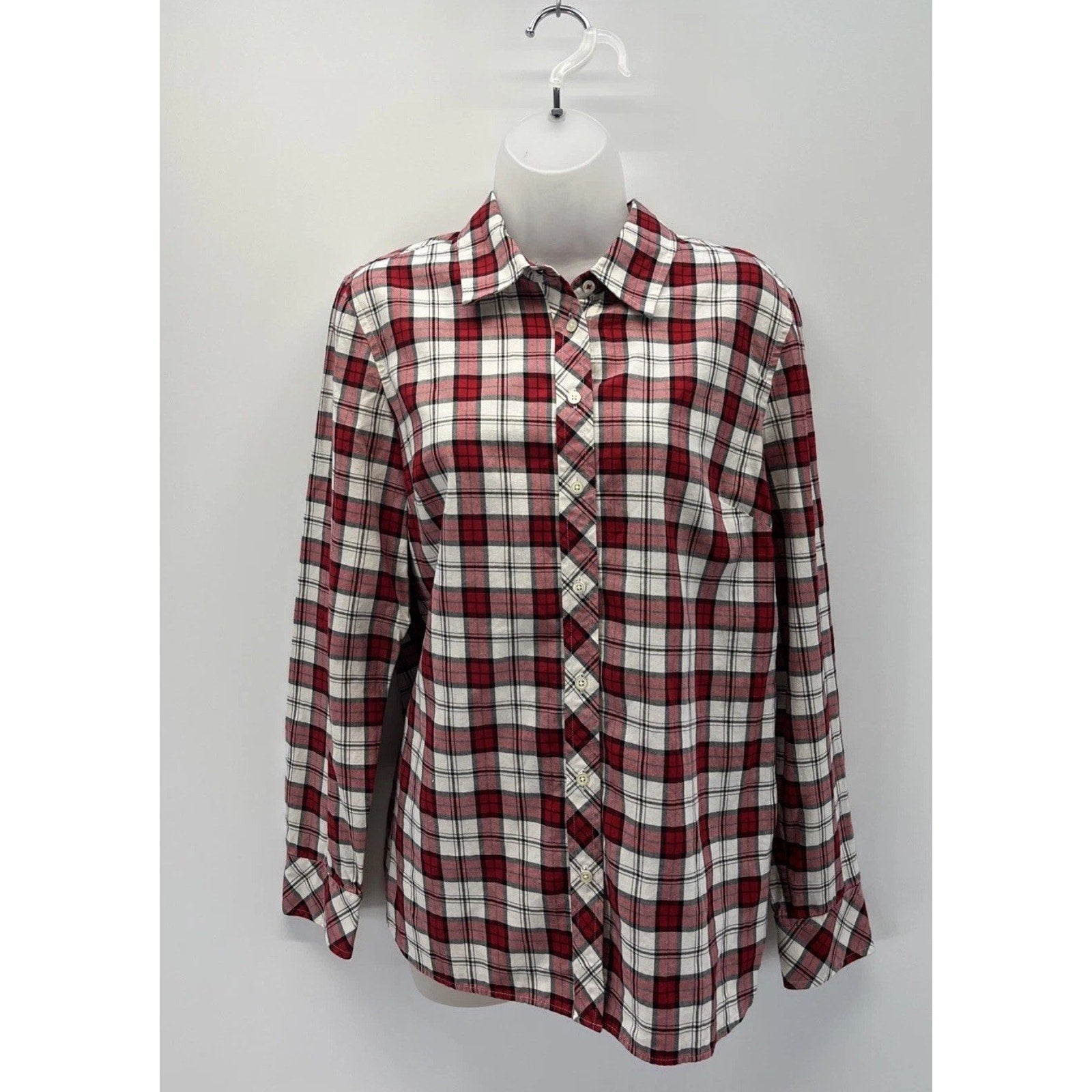 Talbots L Top Large Red White Gold Plaid Button Up Blouse Cozy Cabin Soft