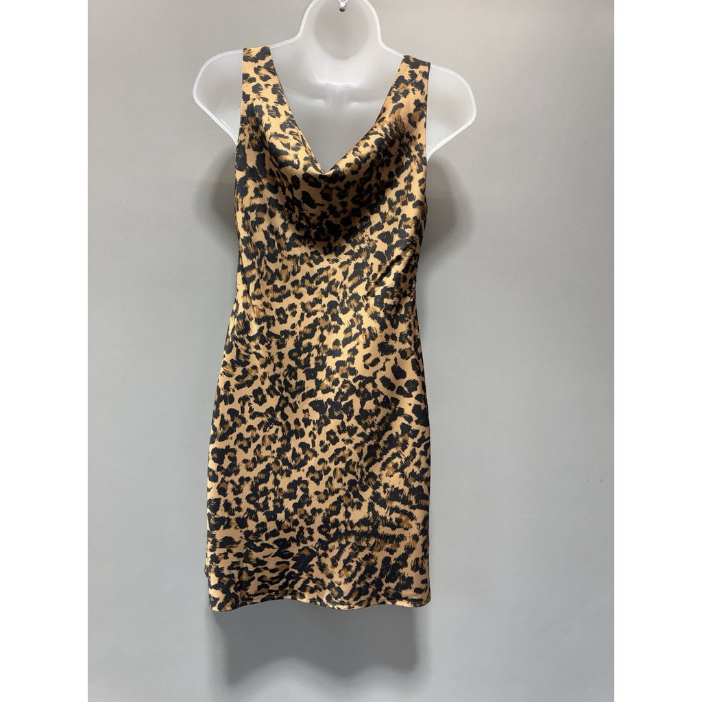 NWT Olivaceous Dress Womens Small Leopard Print Satin Cowl Neck Sleeveless Mini